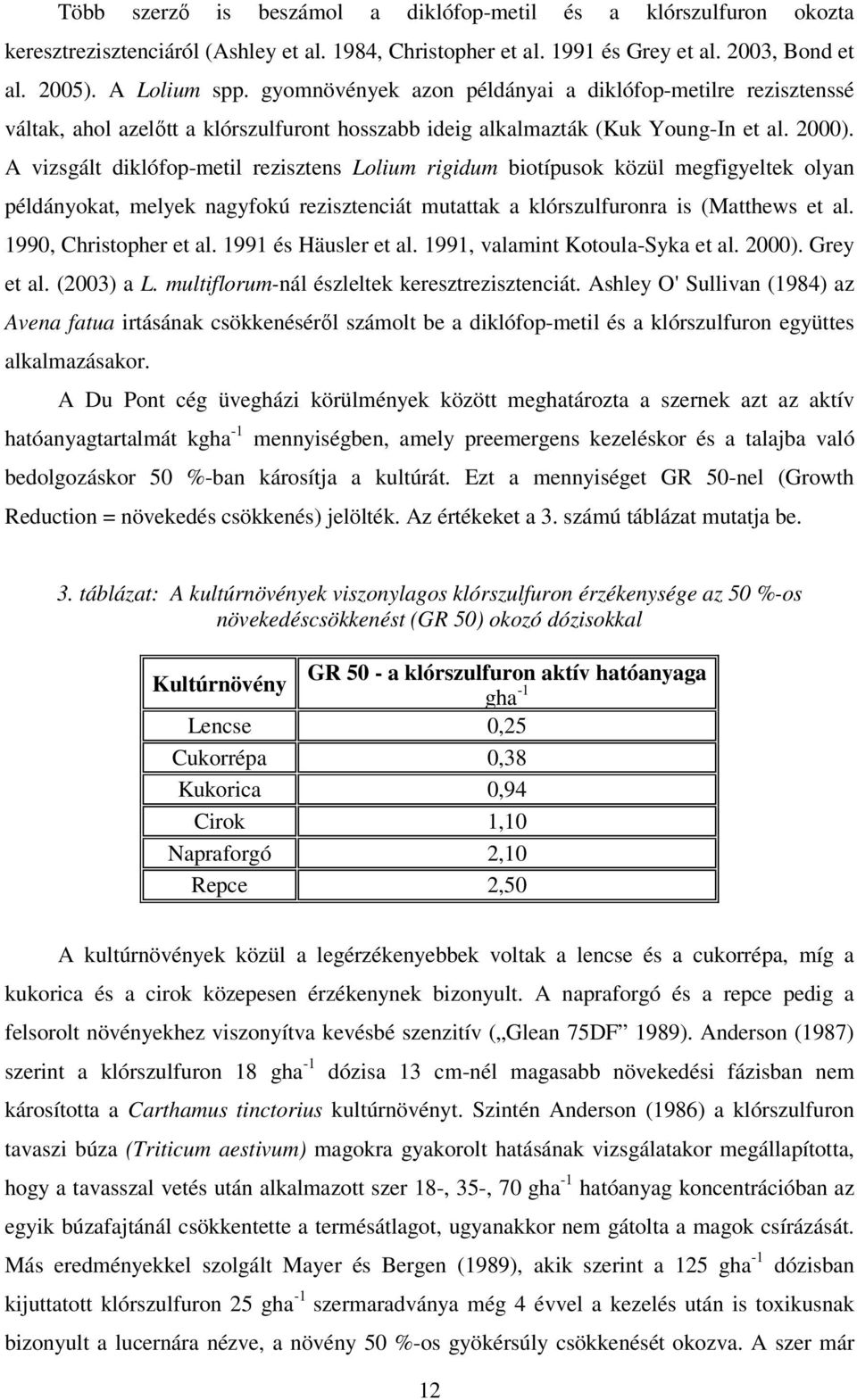 A vizsgált diklófop-metil rezisztens Lolium rigidum biotípusok közül megfigyeltek olyan példányokat, melyek nagyfokú rezisztenciát mutattak a klórszulfuronra is (Matthews et al.