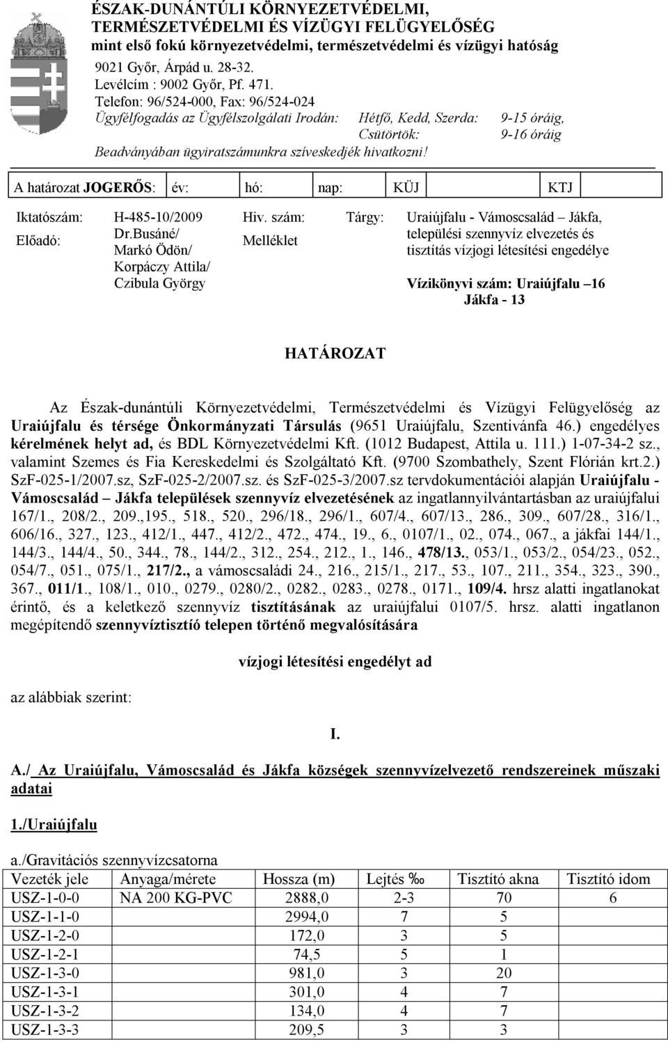 A határozat JOGERŐS: év: hó: nap: KÜJ KTJ Iktatószám: H-485-10/2009 Hiv. szám: Tárgy: Uraiújfalu - Vámoscsalád Jákfa, Előadó: Dr.