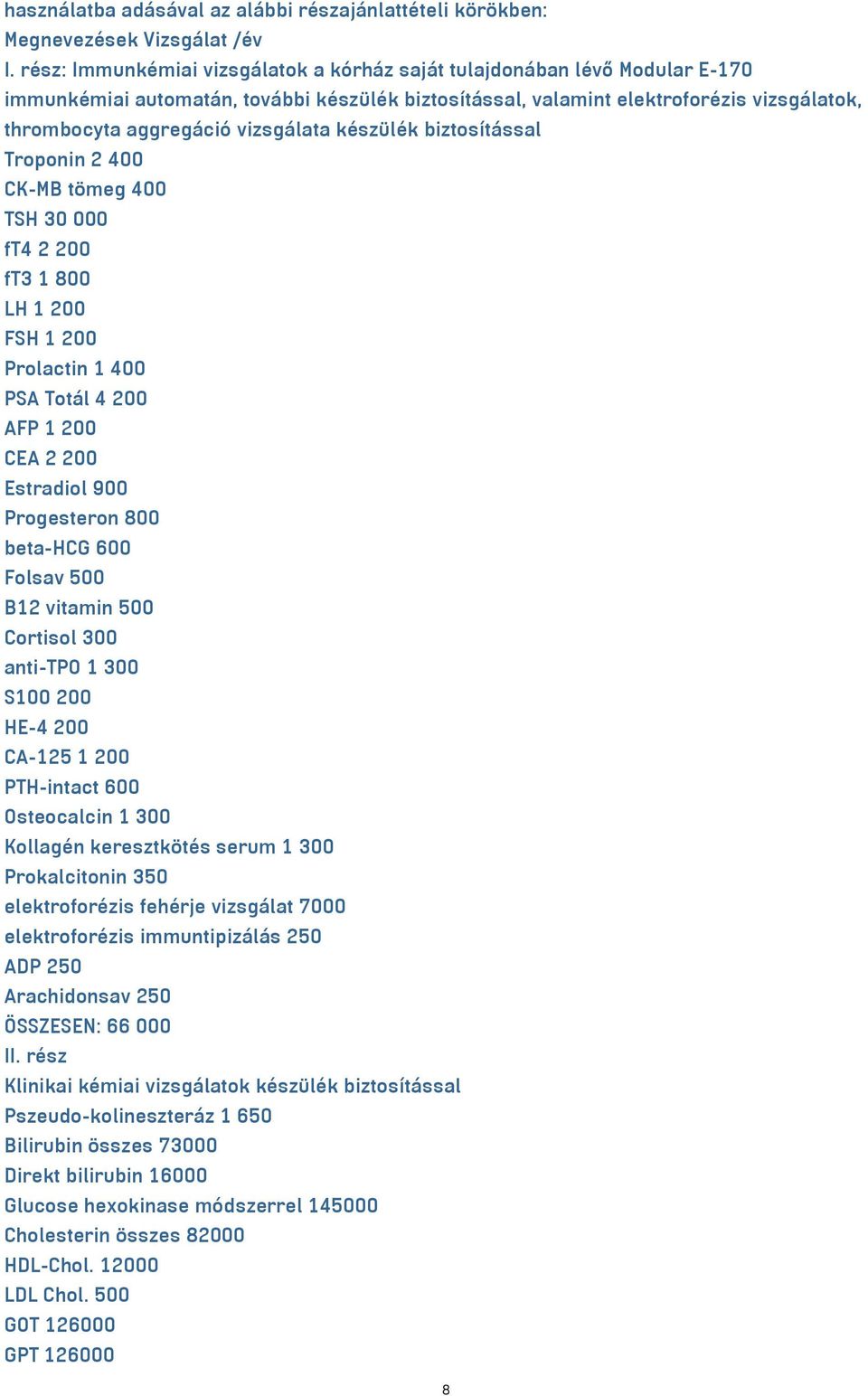 vizsgálata készülék biztosítással Troponin 2 400 CK-MB tömeg 400 TSH 30 000 ft4 2 200 ft3 1 800 LH 1 200 FSH 1 200 Prolactin 1 400 PSA Totál 4 200 AFP 1 200 CEA 2 200 Estradiol 900 Progesteron 800