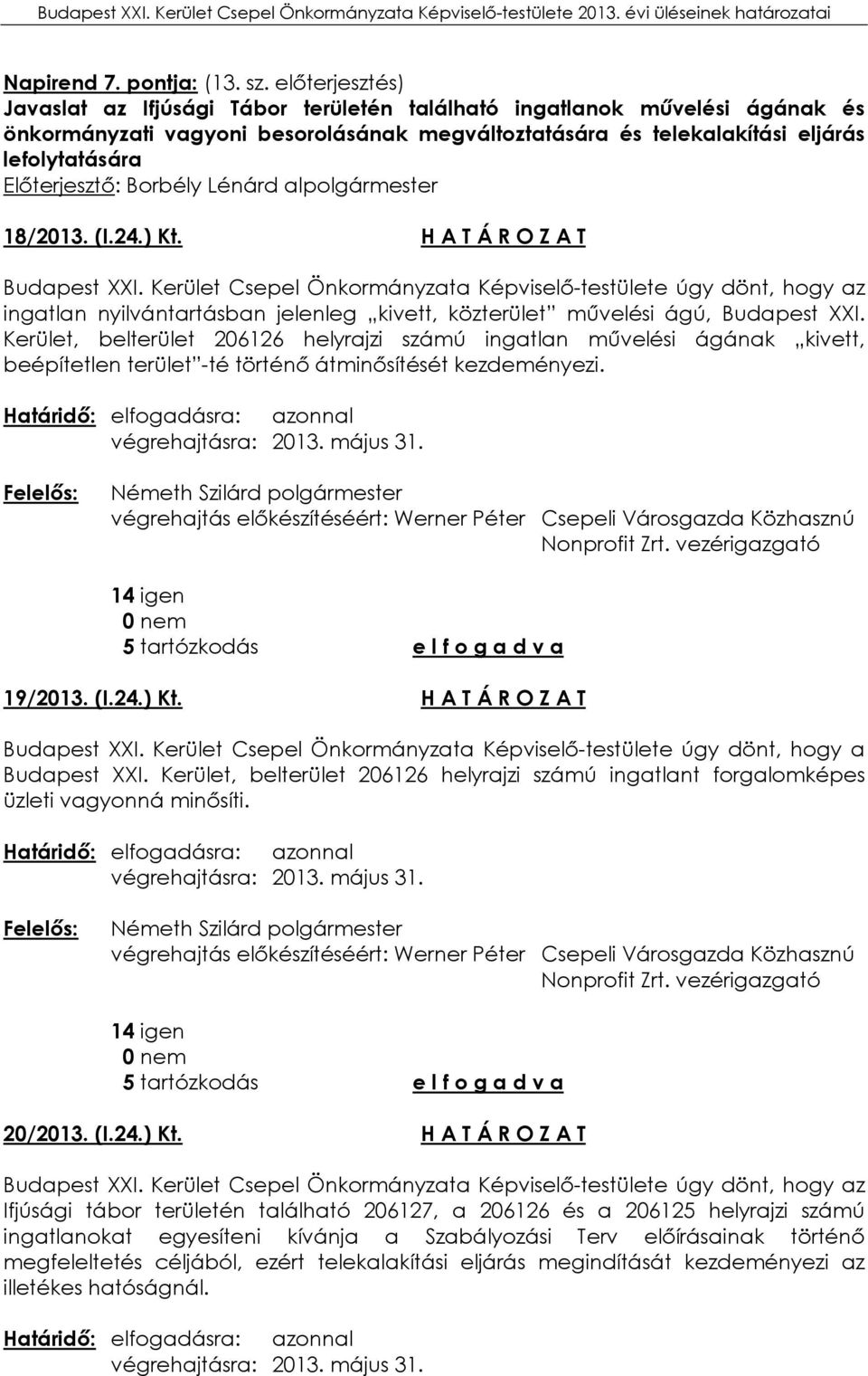 24.) Kt. H A T Á R O Z A T z ingatlan nyilvántartásban jelenleg kivett, közterület művelési ágú, Budapest XXI.