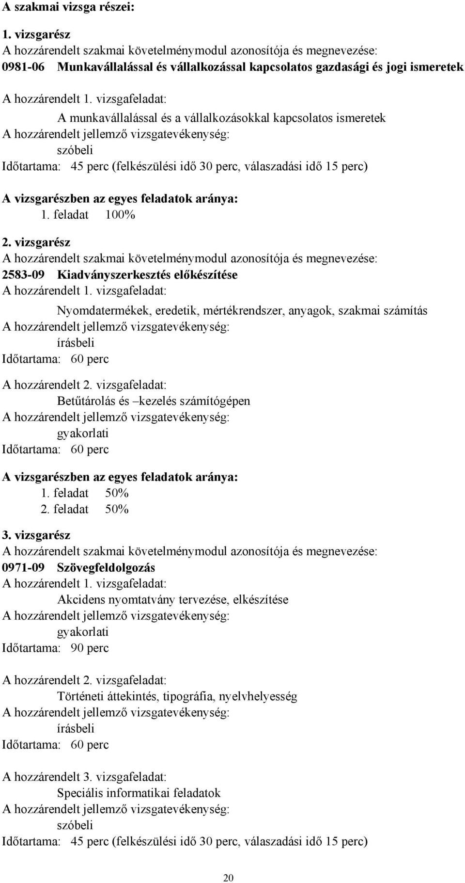vizsgafeladat: A munkavállalással és a vállalkozásokkal kapcsolatos ismeretek A hozzárendelt jellemző vizsgatevékenység: szóbeli Időtartama: 45 perc (felkészülési idő 30 perc, válaszadási idő 15