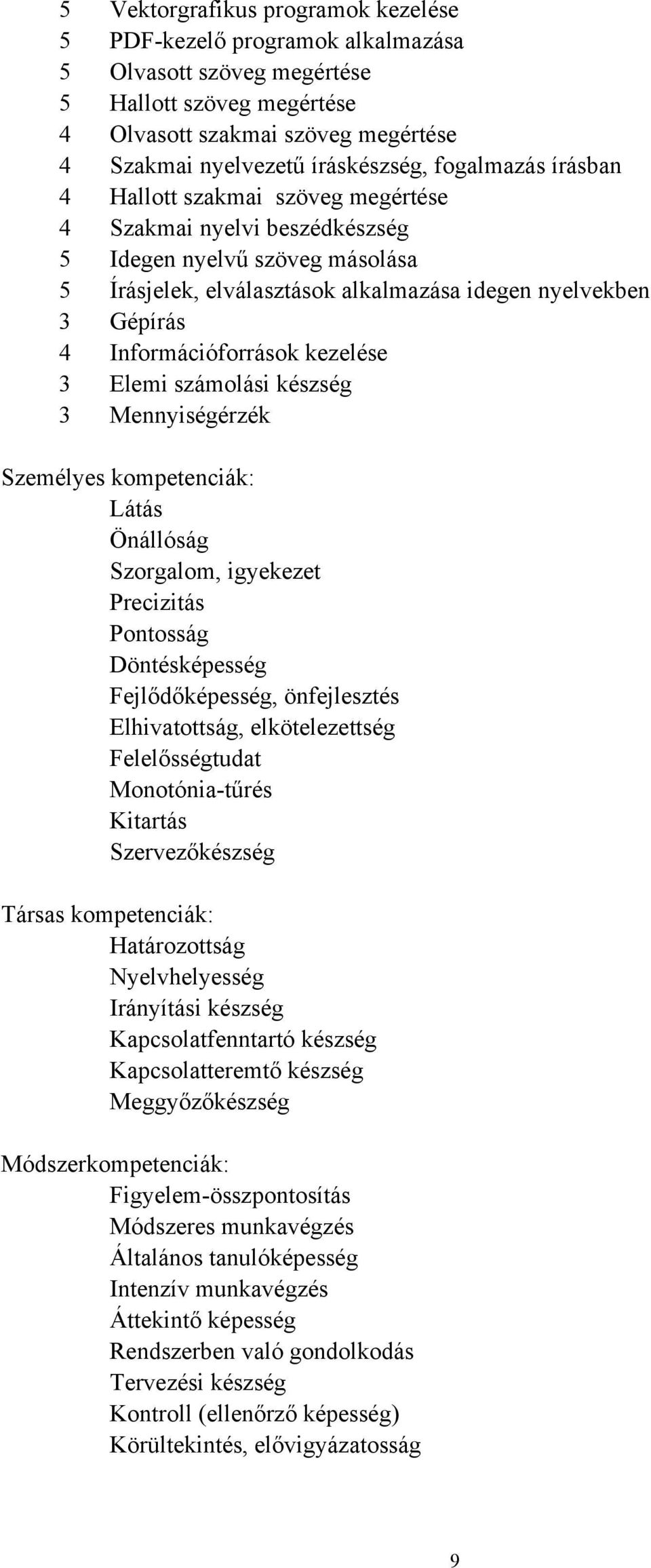 Információforrások kezelése 3 Elemi számolási készség 3 Mennyiségérzék Személyes kompetenciák: Látás Önállóság Szorgalom, igyekezet Precizitás Pontosság Döntésképesség Fejlődőképesség, önfejlesztés