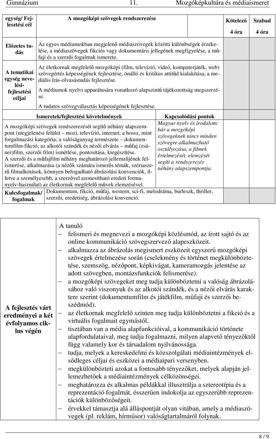 Az életkornak megfelelő mozgóképi (film, televízió, videó, komputerjáték, web) szövegértés képességének fejlesztése, önálló és kritikus attitűd kialakítása, a mediális írás-olvasástudás fejlesztése.