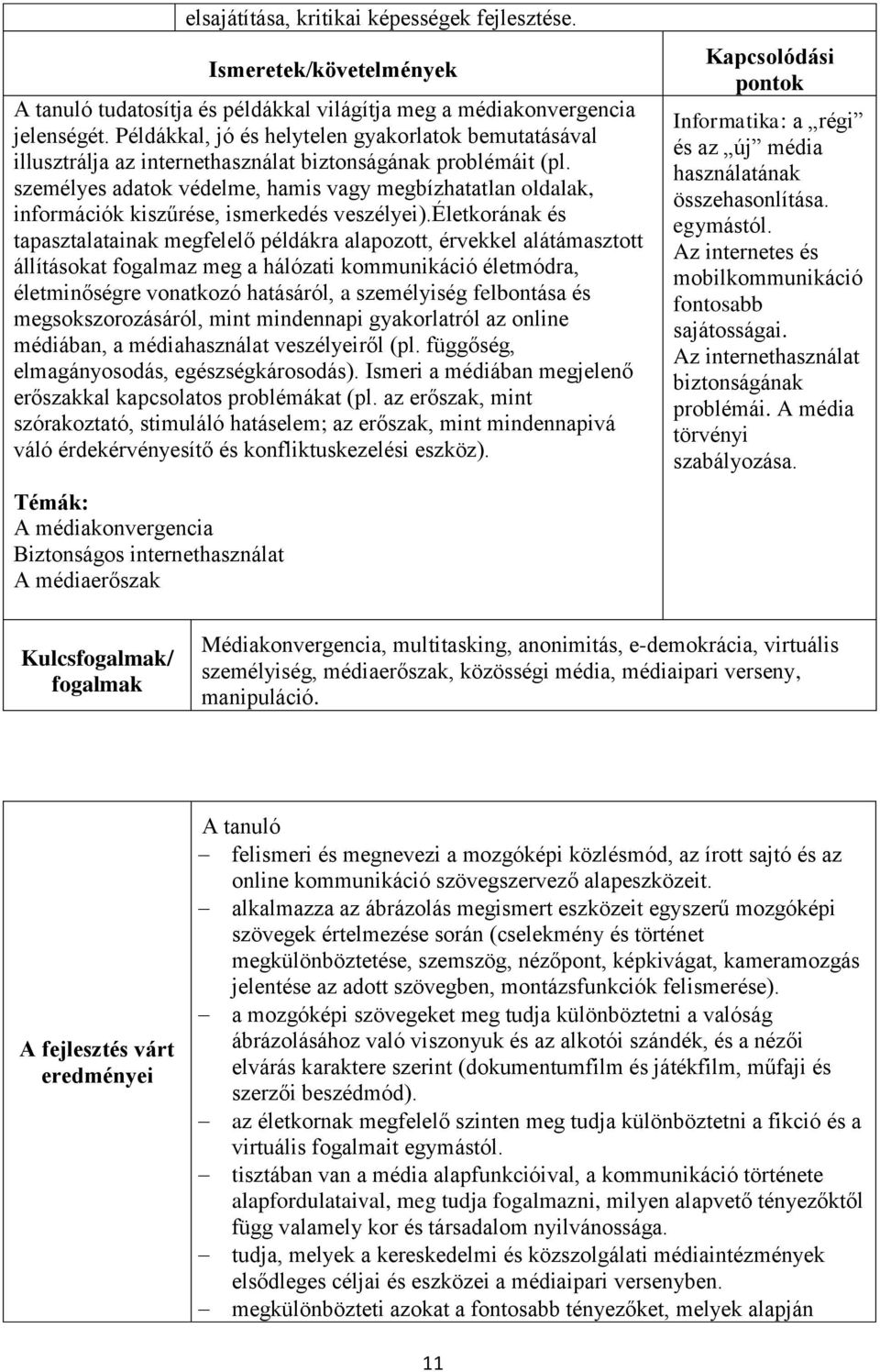 személyes adatok védelme, hamis vagy megbízhatatlan oldalak, információk kiszűrése, ismerkedés veszélyei).
