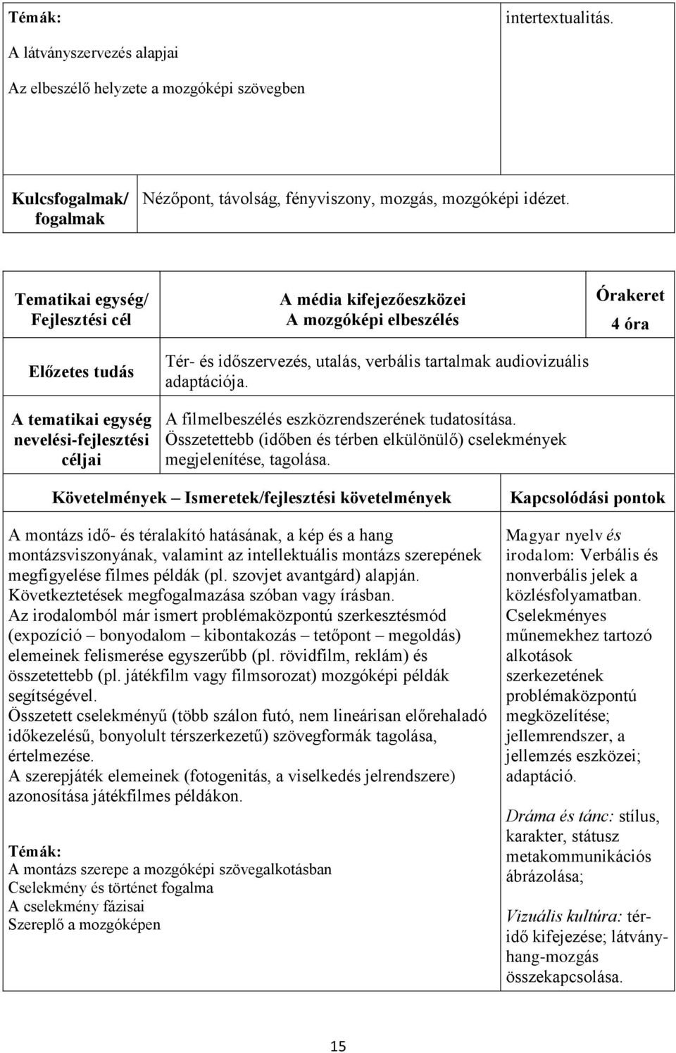 A filmelbeszélés eszközrendszerének tudatosítása. Összetettebb (időben és térben elkülönülő) cselekmények megjelenítése, tagolása.