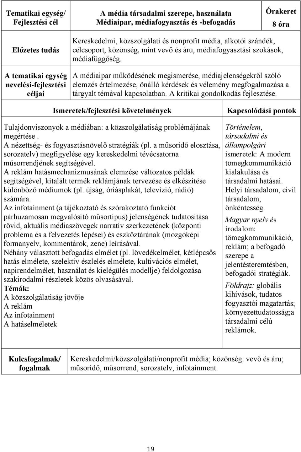 A médiaipar működésének megismerése, médiajelenségekről szóló elemzés értelmezése, önálló kérdések és vélemény megfogalmazása a tárgyalt témával kapcsolatban. A kritikai gondolkodás fejlesztése.