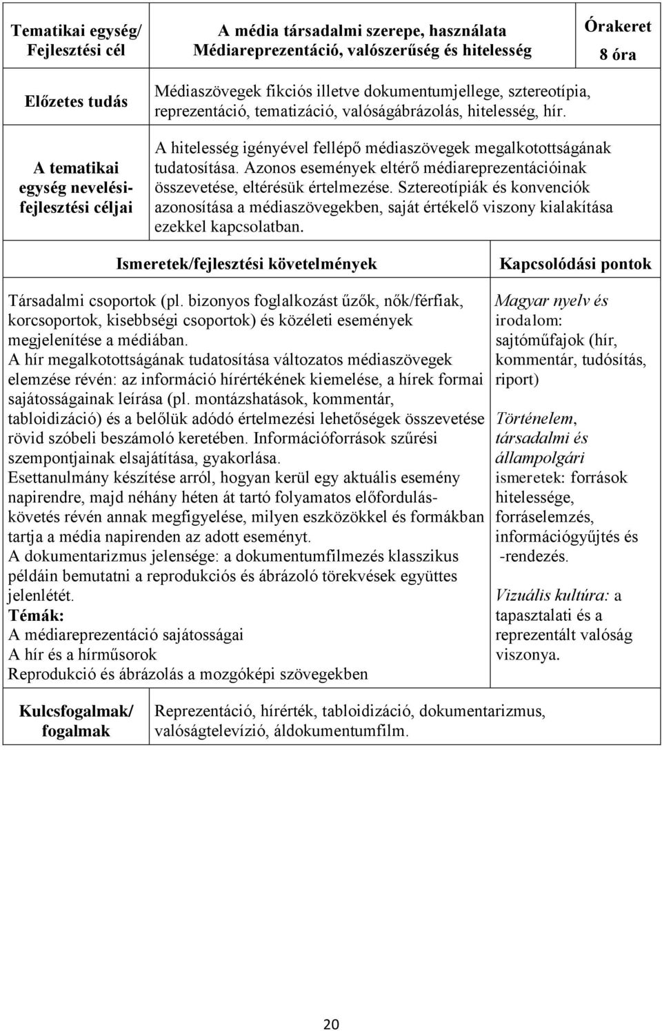 Azonos események eltérő médiareprezentációinak összevetése, eltérésük értelmezése. Sztereotípiák és konvenciók azonosítása a médiaszövegekben, saját értékelő viszony kialakítása ezekkel kapcsolatban.