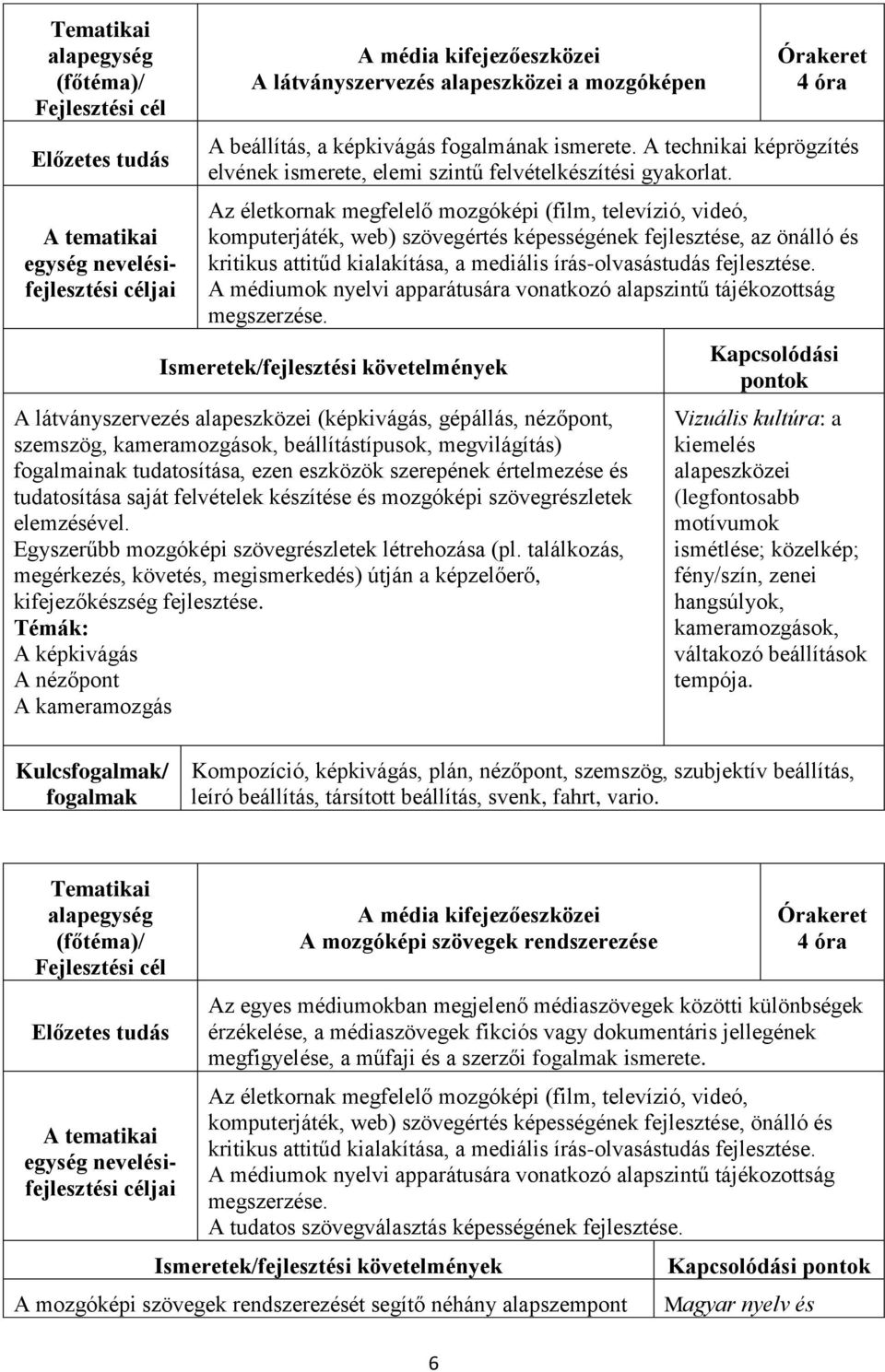 Az életkornak megfelelő mozgóképi (film, televízió, videó, komputerjáték, web) szövegértés képességének fejlesztése, az önálló és kritikus attitűd kialakítása, a mediális írás-olvasástudás