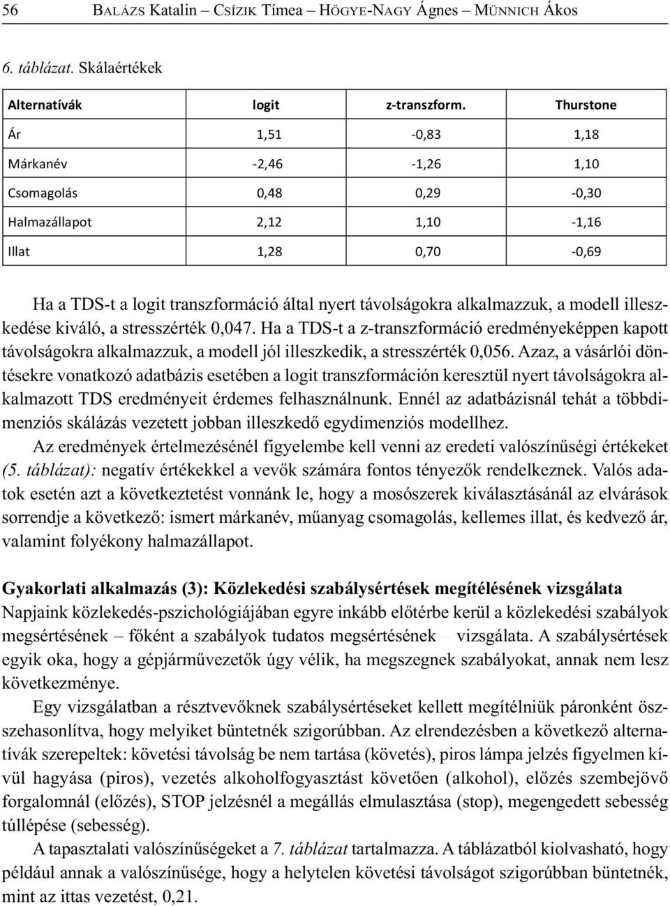 alkalmazzuk, a modell illeszkedése kiváló, a stresszérték 0,047. Ha a TDS-t a z-transzformáció eredményeképpen kapott távolságokra alkalmazzuk, a modell jól illeszkedik, a stresszérték 0,056.