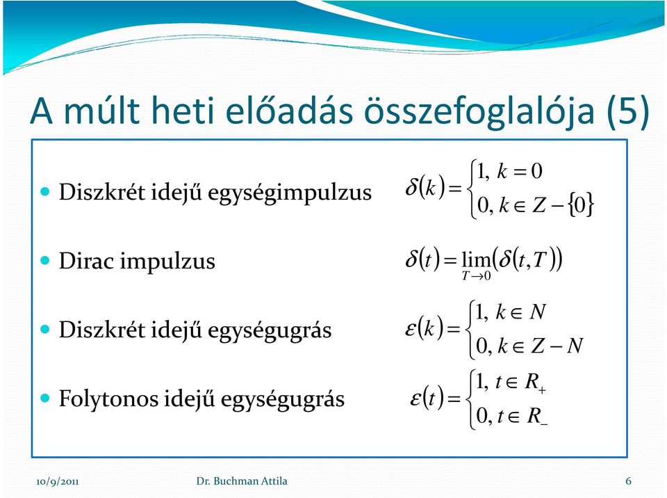 0 δ = lim δ T { 0} Diszkré idejű egségugrás Folonos idejű