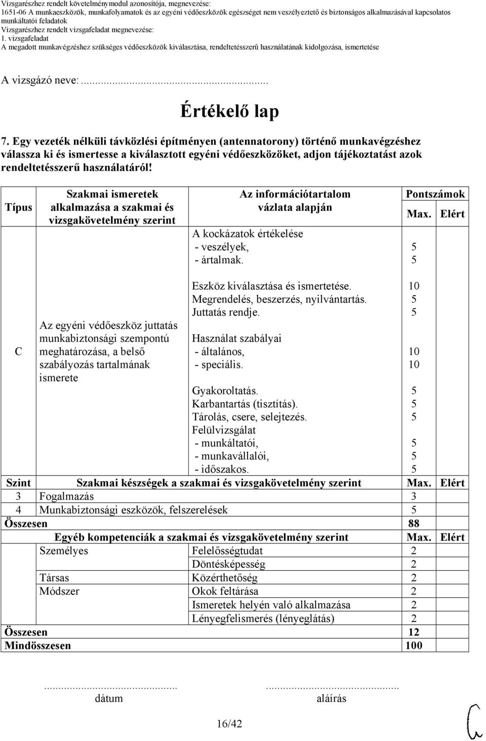 használatáról! Típus Szakmai ismeretek alkalmazása a szakmai és vizsgakövetelmény szerint Az információtartalom vázlata alapján A kockázatok értékelése - veszélyek, - ártalmak. Pontszámok Max.