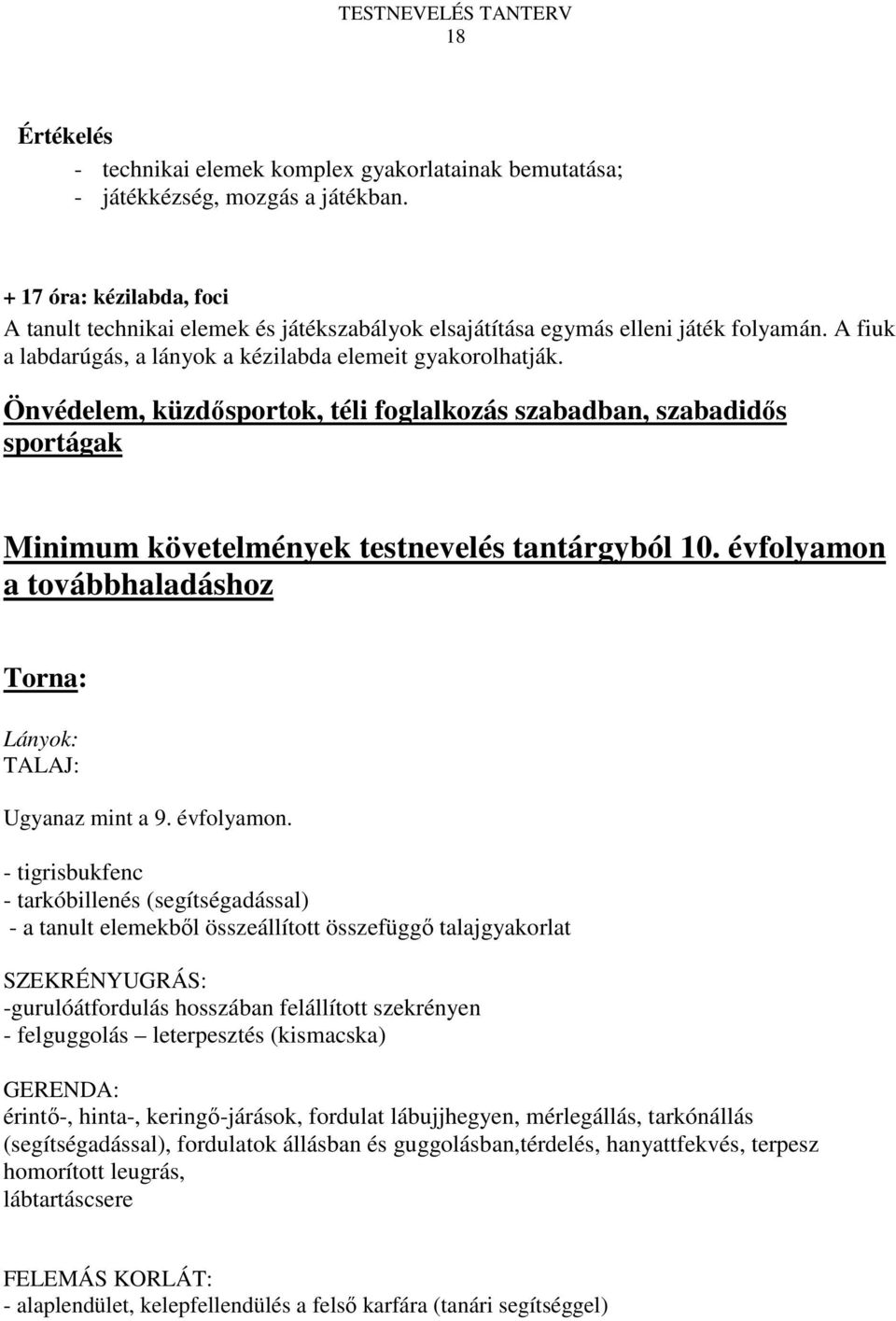 Önvédelem, küzdősportok, téli foglalkozás szabadban, szabadidős sportágak Minimum követelmények testnevelés tantárgyból 10. évfolyamon a továbbhaladáshoz Torna: Lányok: TALAJ: Ugyanaz mint a 9.