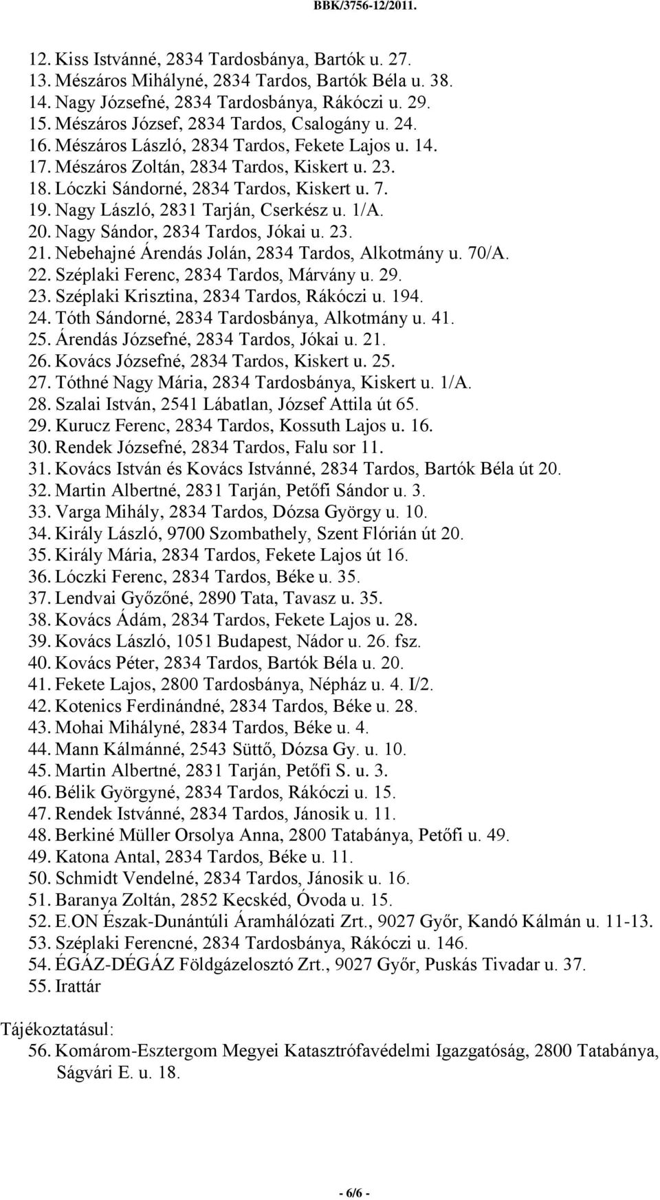 19. Nagy László, 2831 Tarján, Cserkész u. 1/A. 20. Nagy Sándor, 2834 Tardos, Jókai u. 23. 21. Nebehajné Árendás Jolán, 2834 Tardos, Alkotmány u. 70/A. 22. Széplaki Ferenc, 2834 Tardos, Márvány u. 29.