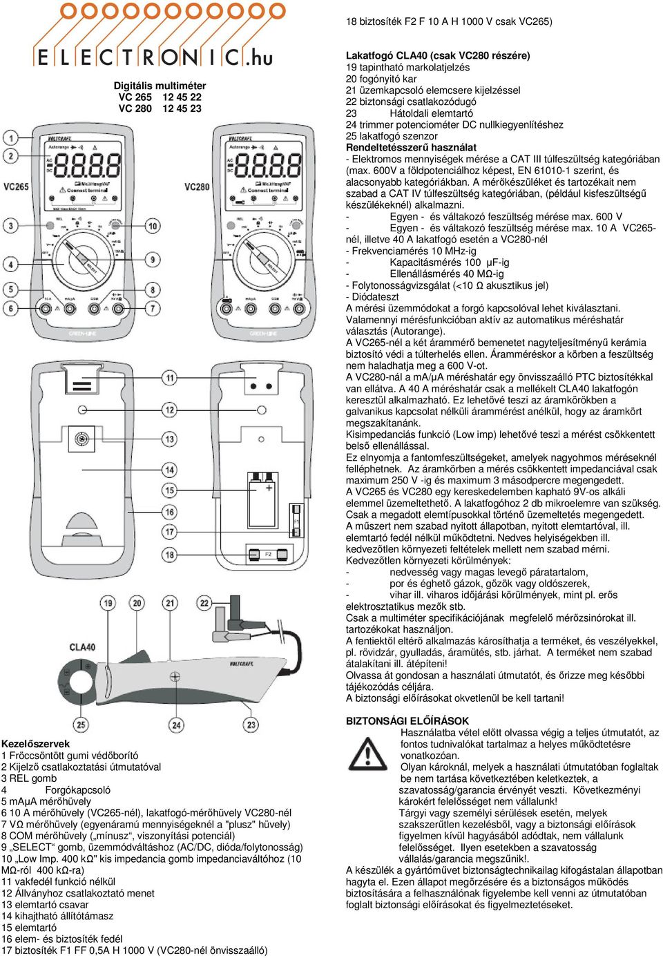 mérőhüvely 6 10 A mérőhüvely (-nél), lakatfogó-mérőhüvely -nél 7 VΩ mérőhüvely (egyenáramú mennyiségeknél a "plusz" hüvely) 8 COM mérőhüvely ( mínusz, viszonyítási potenciál) 9 SELECT gomb,