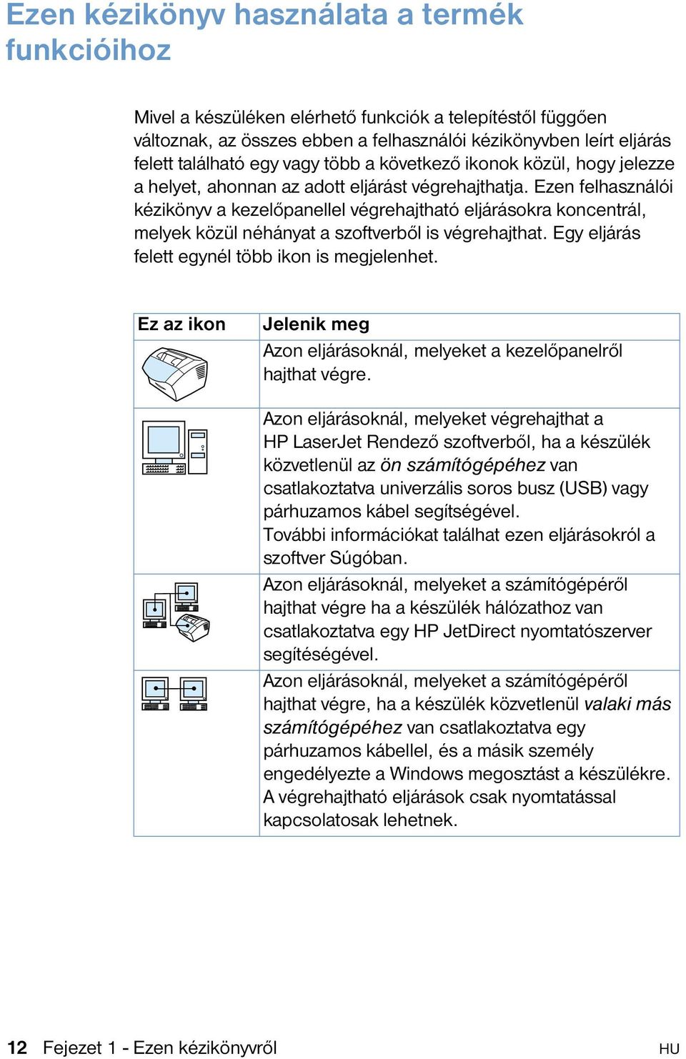 Ezen felhasználói kézikönyv a kezelőpanellel végrehajtható eljárásokra koncentrál, melyek közül néhányat a szoftverből is végrehajthat. Egy eljárás felett egynél több ikon is megjelenhet.
