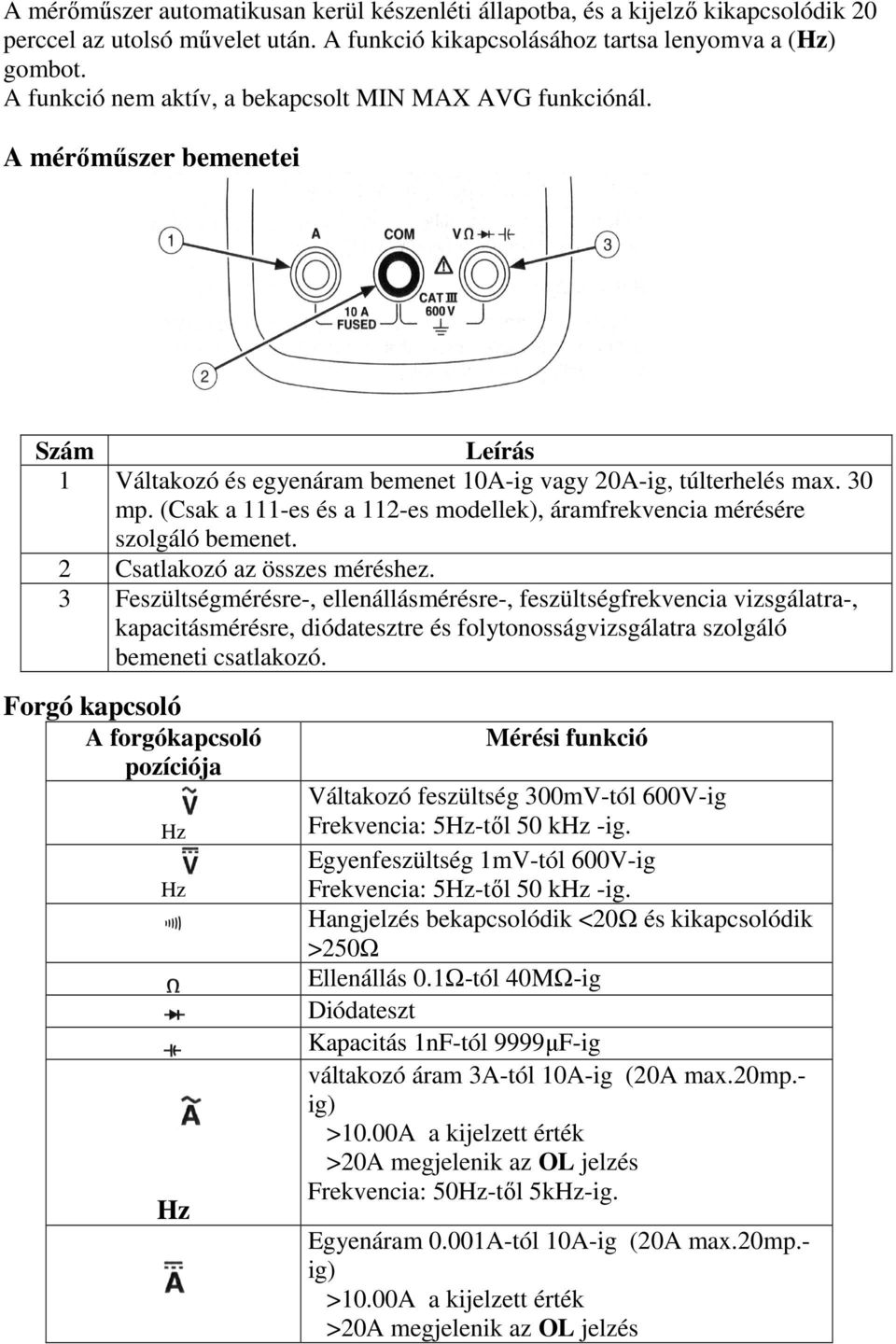 (Csak a 111-es és a 112-es modellek), áramfrekvencia mérésére szolgáló bemenet. 2 Csatlakozó az összes méréshez.