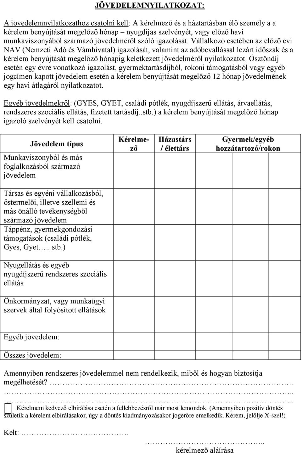 Vállalkozó esetében az előző évi NAV (Nemzeti Adó és Vámhivatal) igazolását, valamint az adóbevallással lezárt időszak és a kérelem benyújtását megelőző hónapig keletkezett jövedelméről nyilatkozatot.