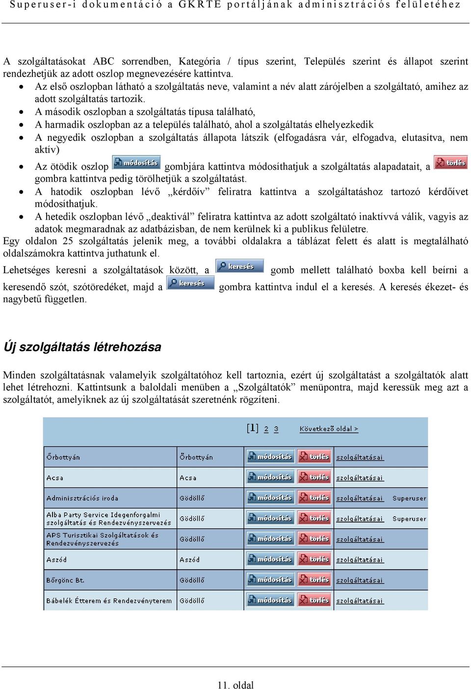 A második oszlopban a szolgáltatás típusa található, A harmadik oszlopban az a település található, ahol a szolgáltatás elhelyezkedik A negyedik oszlopban a szolgáltatás állapota látszik (elfogadásra