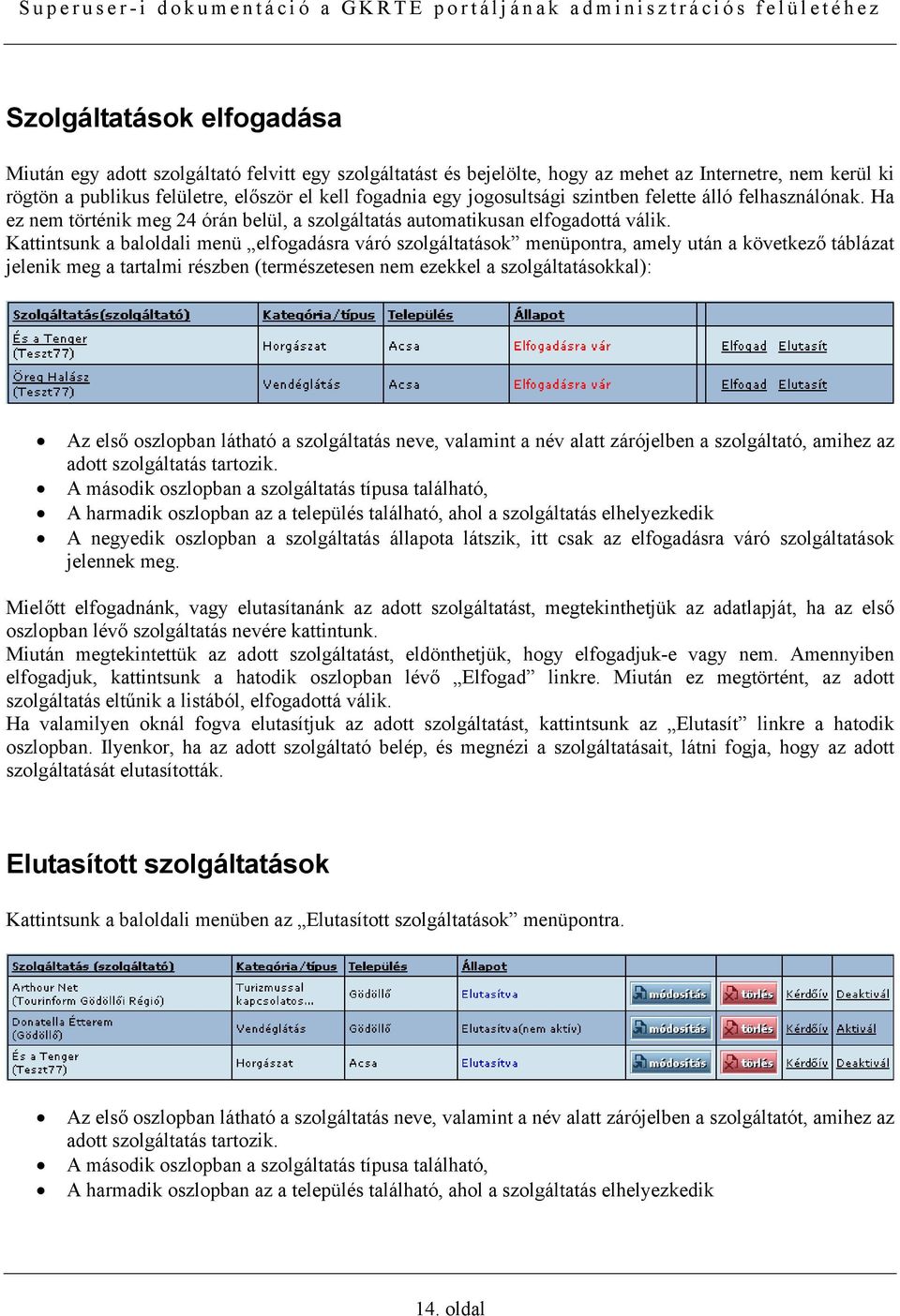 Kattintsunk a baloldali menü elfogadásra váró szolgáltatások menüpontra, amely után a következő táblázat jelenik meg a tartalmi részben (természetesen nem ezekkel a szolgáltatásokkal): Az első