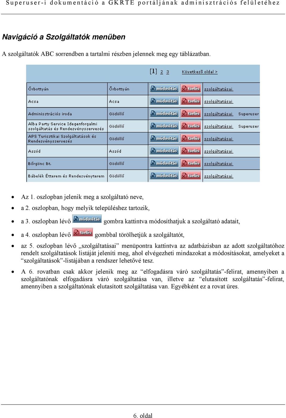 oszlopban lévő szolgáltatásai menüpontra kattintva az adatbázisban az adott szolgáltatóhoz rendelt szolgáltatások listáját jeleníti meg, ahol elvégezheti mindazokat a módosításokat, amelyeket a