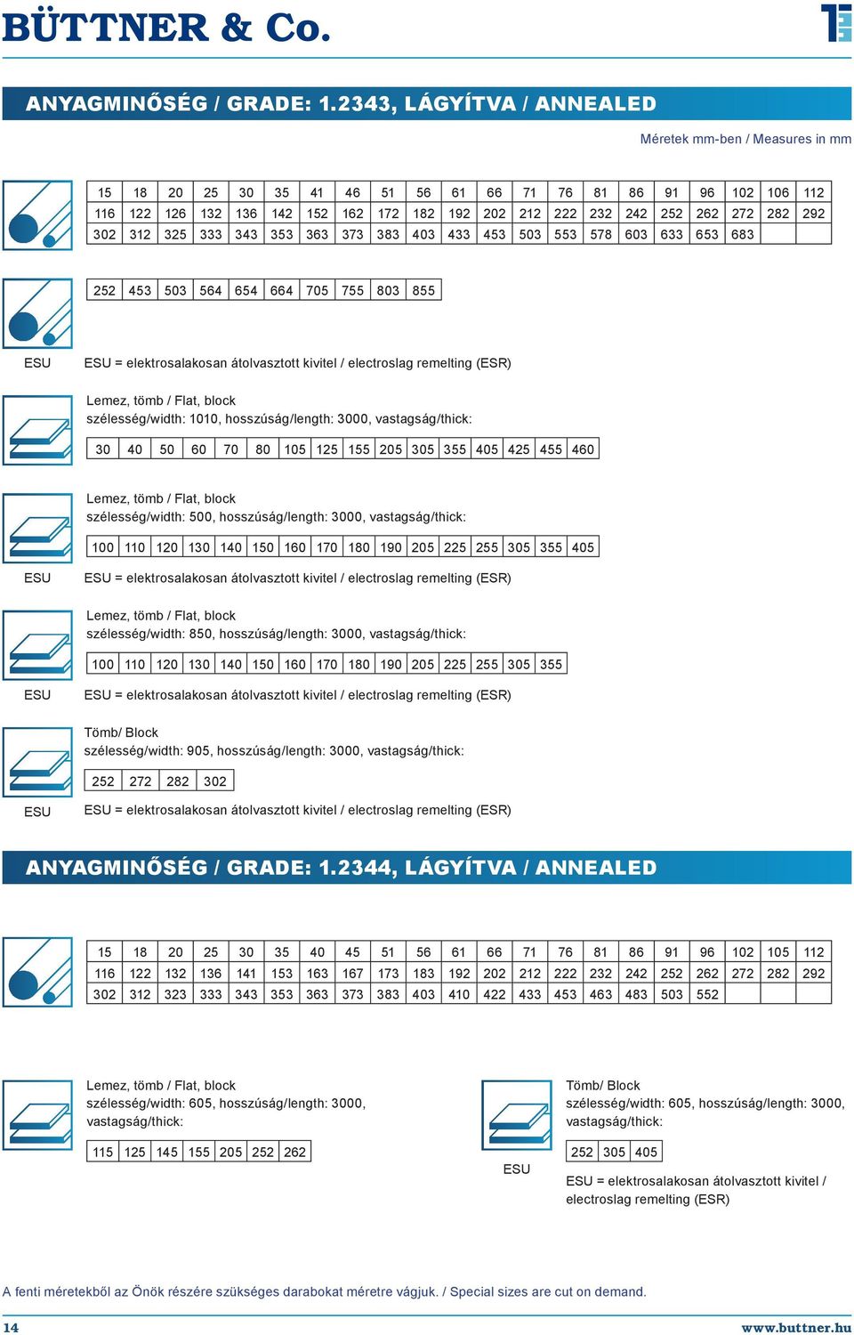 363 373 383 403 433 453 503 553 578 603 633 653 683 252 453 503 564 654 664 705 755 803 855 ESU ESU = elektrosalakosan átolvasztott kivitel / electroslag remelting (ESR) Lemez, tömb / Flat, block