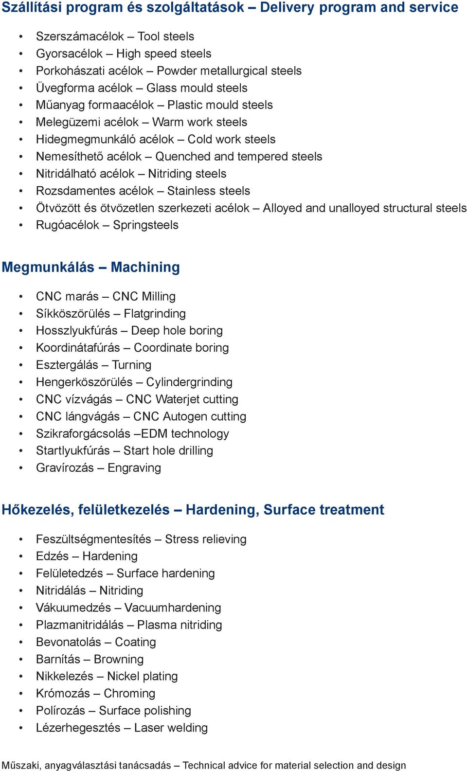Nitriding steels Rozsdamentes acélok Stainless steels Ötvözött és ötvözetlen szerkezeti acélok Alloyed and unalloyed structural steels Rugóacélok Springsteels Megmunkálás Machining CNC marás CNC