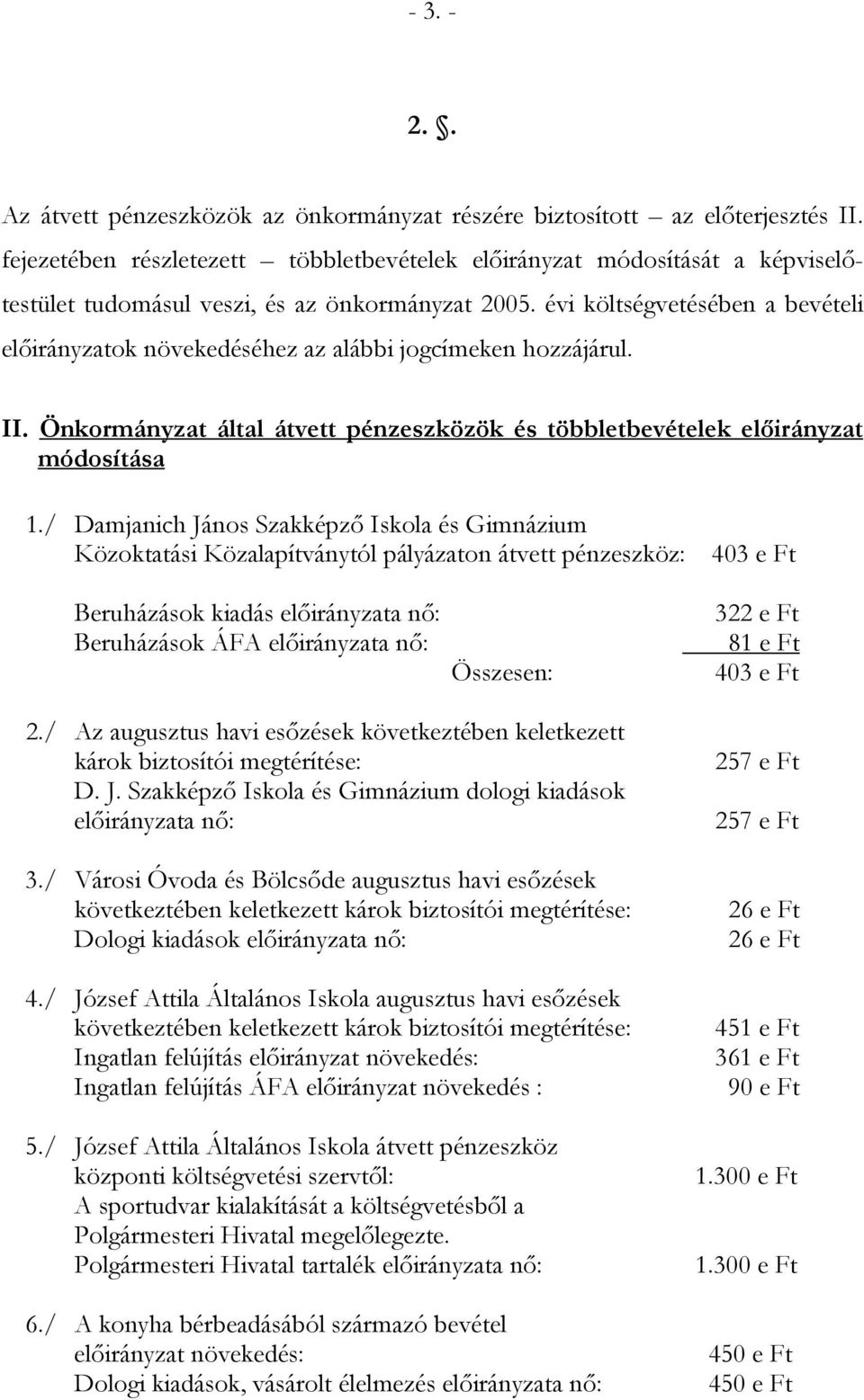 évi költségvetésében a bevételi előirányzatok növekedéséhez az alábbi jogcímeken hozzájárul. II. Önkormányzat által átvett pénzeszközök és többletbevételek előirányzat módosítása 1.
