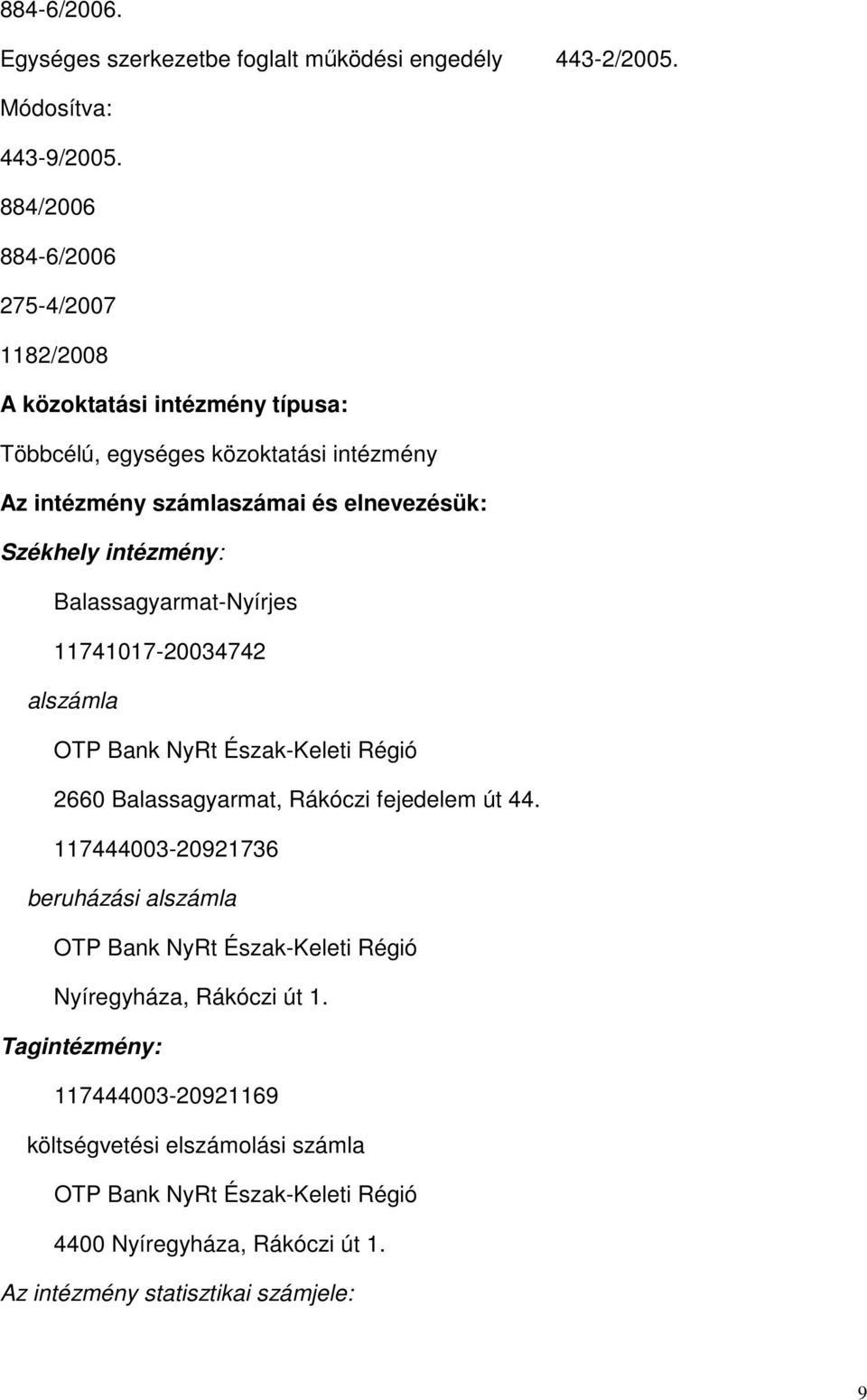 intézmény: Balassagyarmat-Nyírjes 11741017-20034742 alszámla OTP Bank NyRt Észak-Keleti Régió 2660 Balassagyarmat, Rákóczi fejedelem út 44.