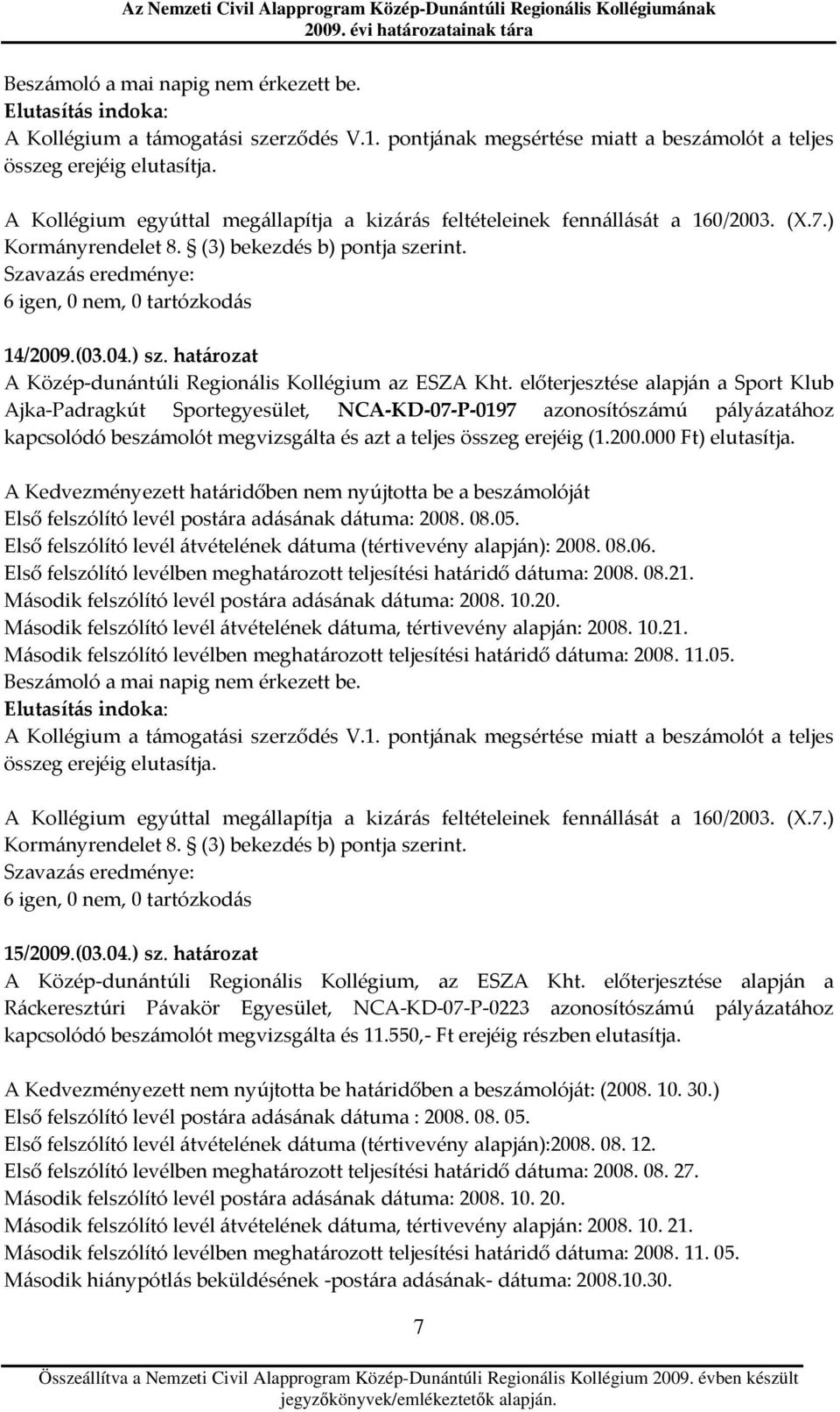 Szavazás eredménye: 6, 0 nem, 0 tartózkodás 14/2009.(03.04.) sz. határozat A Közép-dunántúli Kollégium az ESZA Kht.
