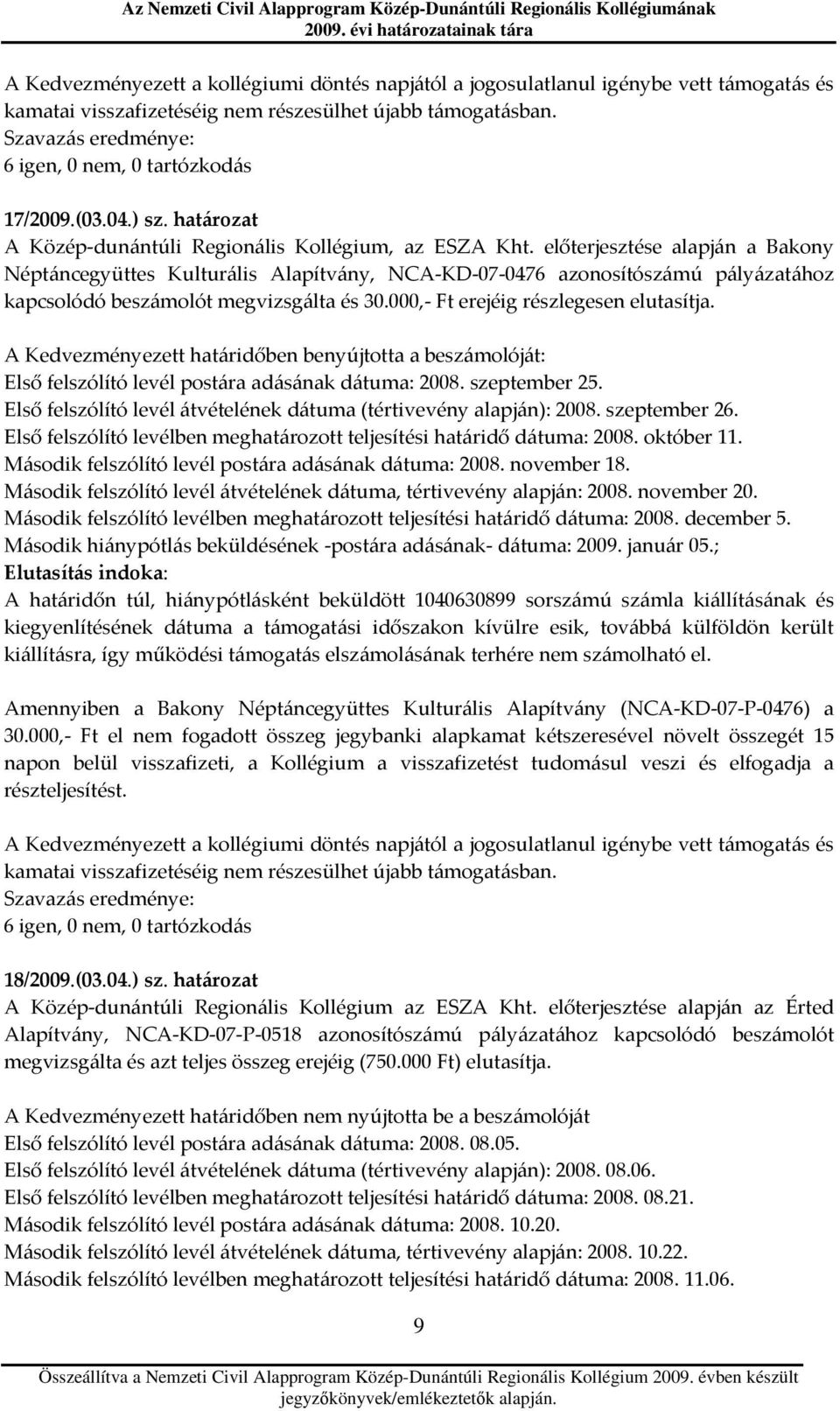 Bakony Néptáncegyüttes Kulturális Alapítvány, 07-0476 megvizsgálta és 30.000,- erejéig részlegesen elutasítja.