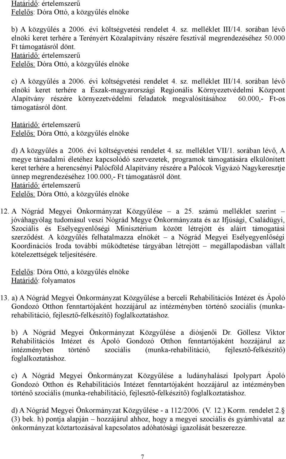 sorában lévő elnöki keret terhére a Észak-magyarországi Regionális Környezetvédelmi Központ Alapítvány részére környezetvédelmi feladatok megvalósításához 60.000,- Ft-os támogatásról dönt.