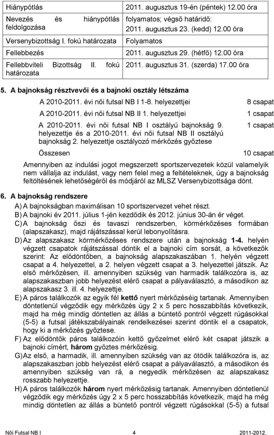 A bajnokság résztvevői és a bajnoki osztály létszáma A 2010-2011. évi női futsal NB I 1-8. helyezettjei A 2010-2011. évi női futsal NB II 1. helyezettjei A 2010-2011. évi női futsal NB I osztályú bajnokság 9.