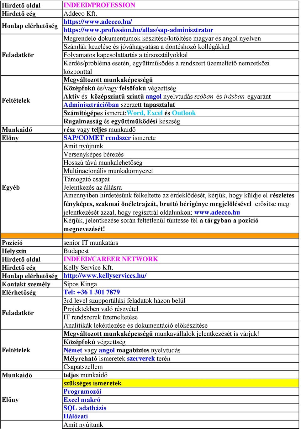 társosztályokkal Kérdés/probléma esetén, együttműködés a rendszert üzemeltető nemzetközi központtal Középfokú és/vagy felsőfokú végzettség Aktív és középszintű szintű angol nyelvtudás szóban és