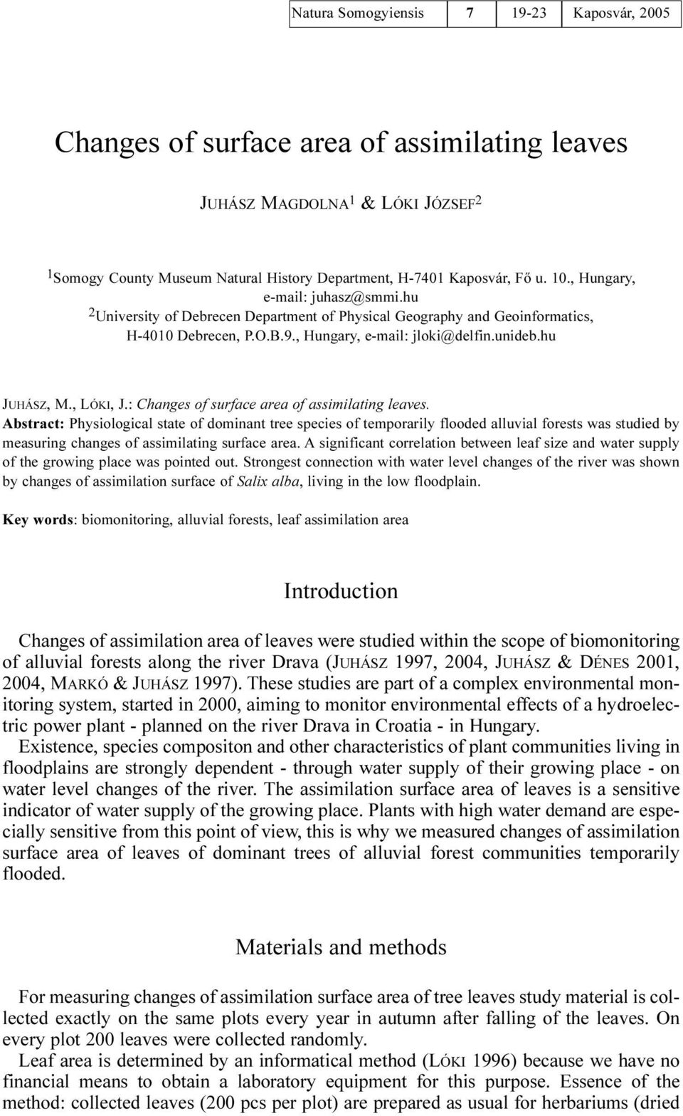 , LÓKI, J.: Changes of surface area of assimilating leaves.