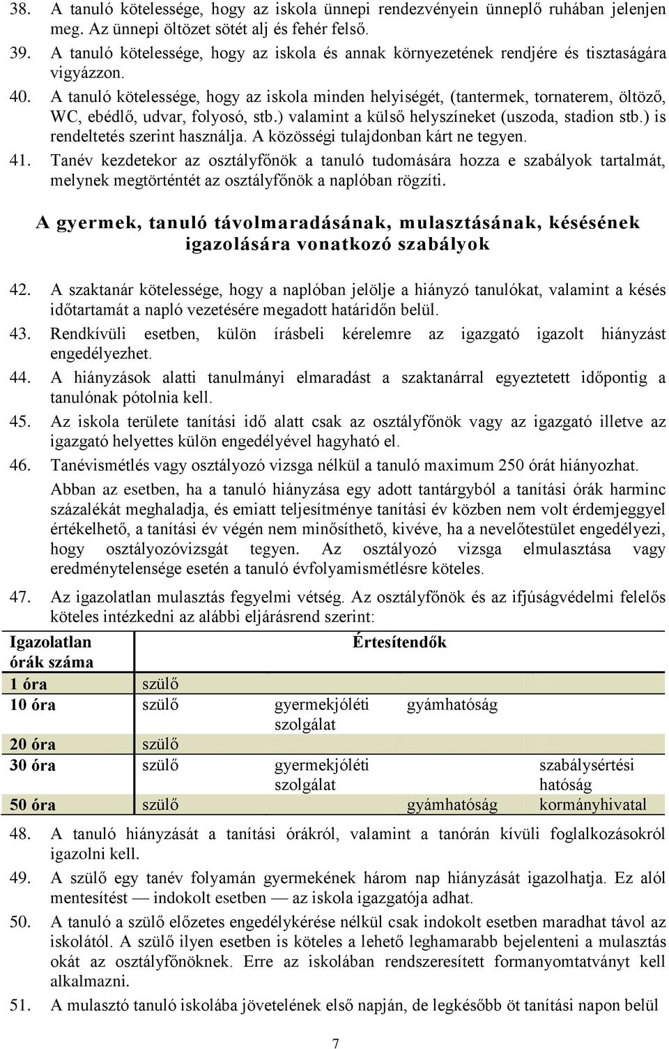 A tanuló kötelessége, hogy az iskola minden helyiségét, (tantermek, tornaterem, öltöző, WC, ebédlő, udvar, folyosó, stb.) valamint a külső helyszíneket (uszoda, stadion stb.