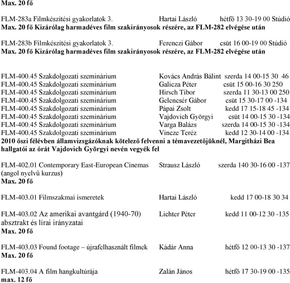 45 Szakdolgozati szeminárium Kovács András Bálint szerda 14 00-15 30 46 FLM-400.45 Szakdolgozati szeminárium Galicza Péter csüt 15 00-16 30 250 FLM-400.