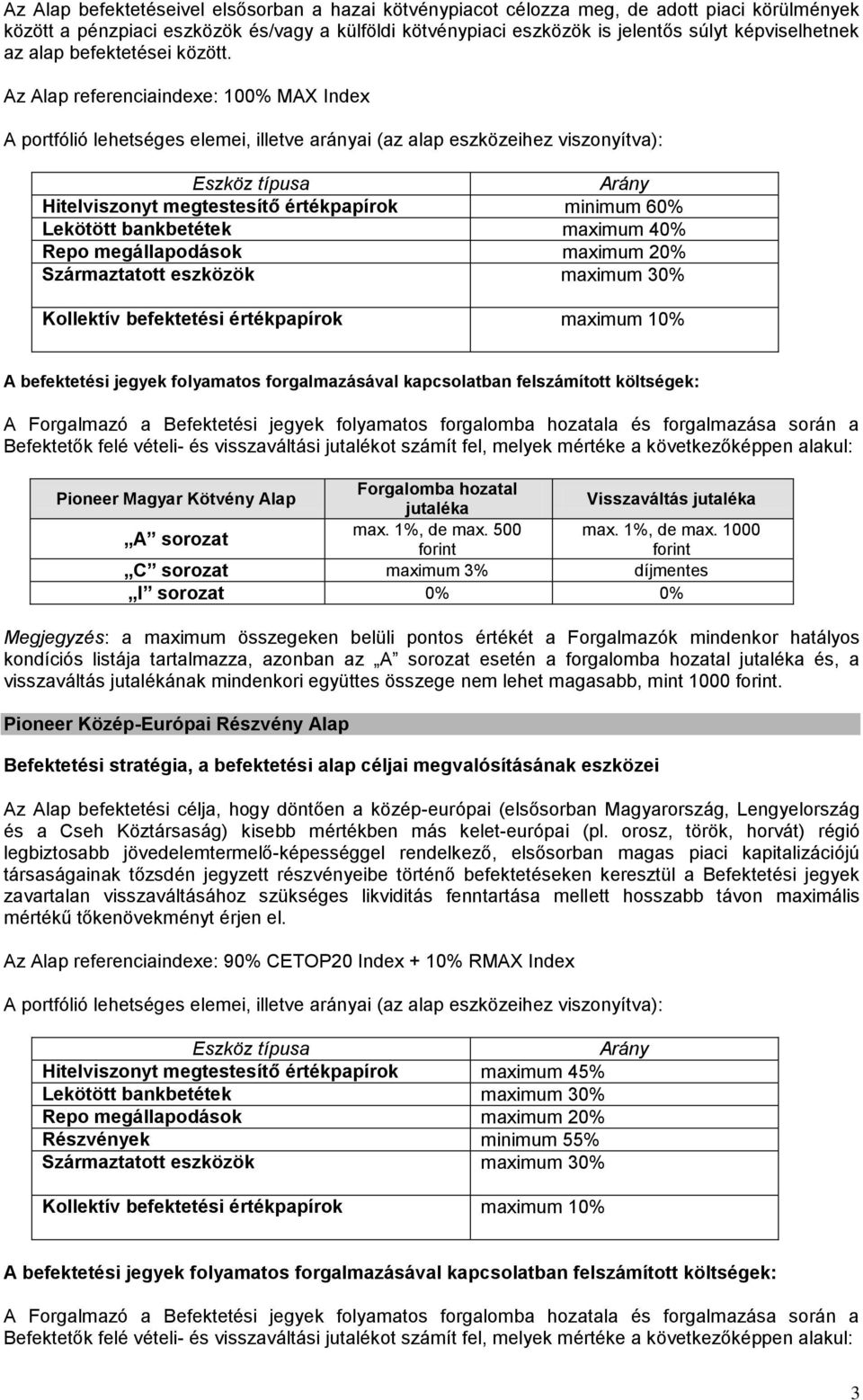 Az Alap referenciaindexe: 100% MAX Index Hitelviszonyt megtestesítő értékpapírok minimum 60% Lekötött bankbetétek maximum 40% Repo megállapodások maximum 20% Származtatott eszközök maximum 30%