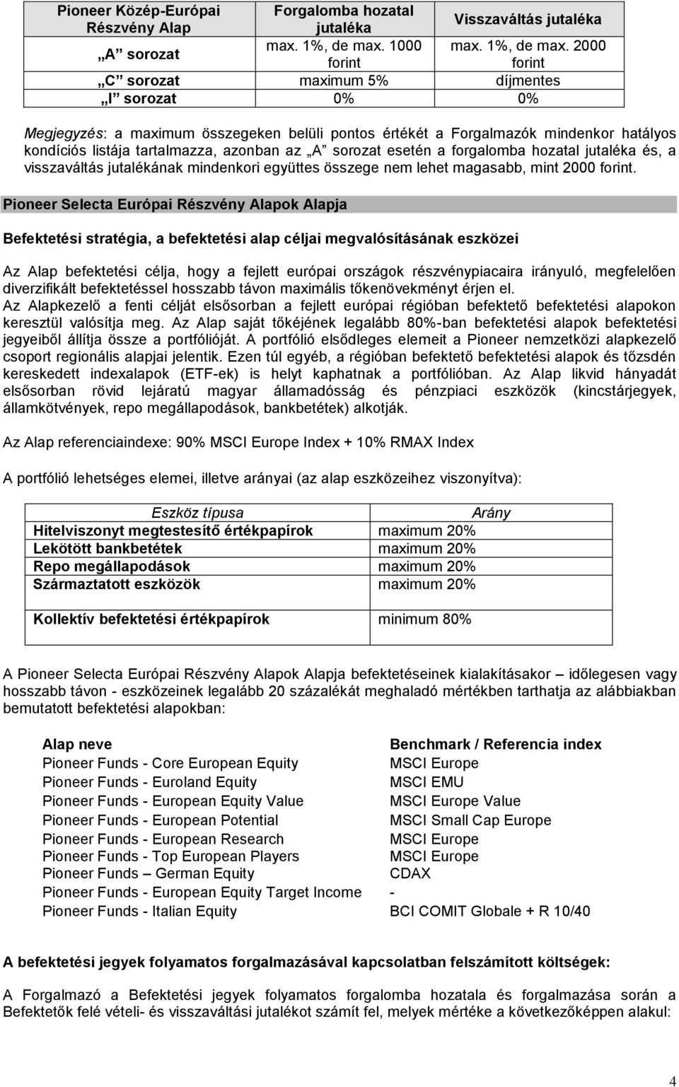 2000 kondíciós listája tartalmazza, azonban az esetén a forgalomba hozatal és, a visszaváltás jutalékának mindenkori együttes összege nem lehet magasabb, mint 2000.