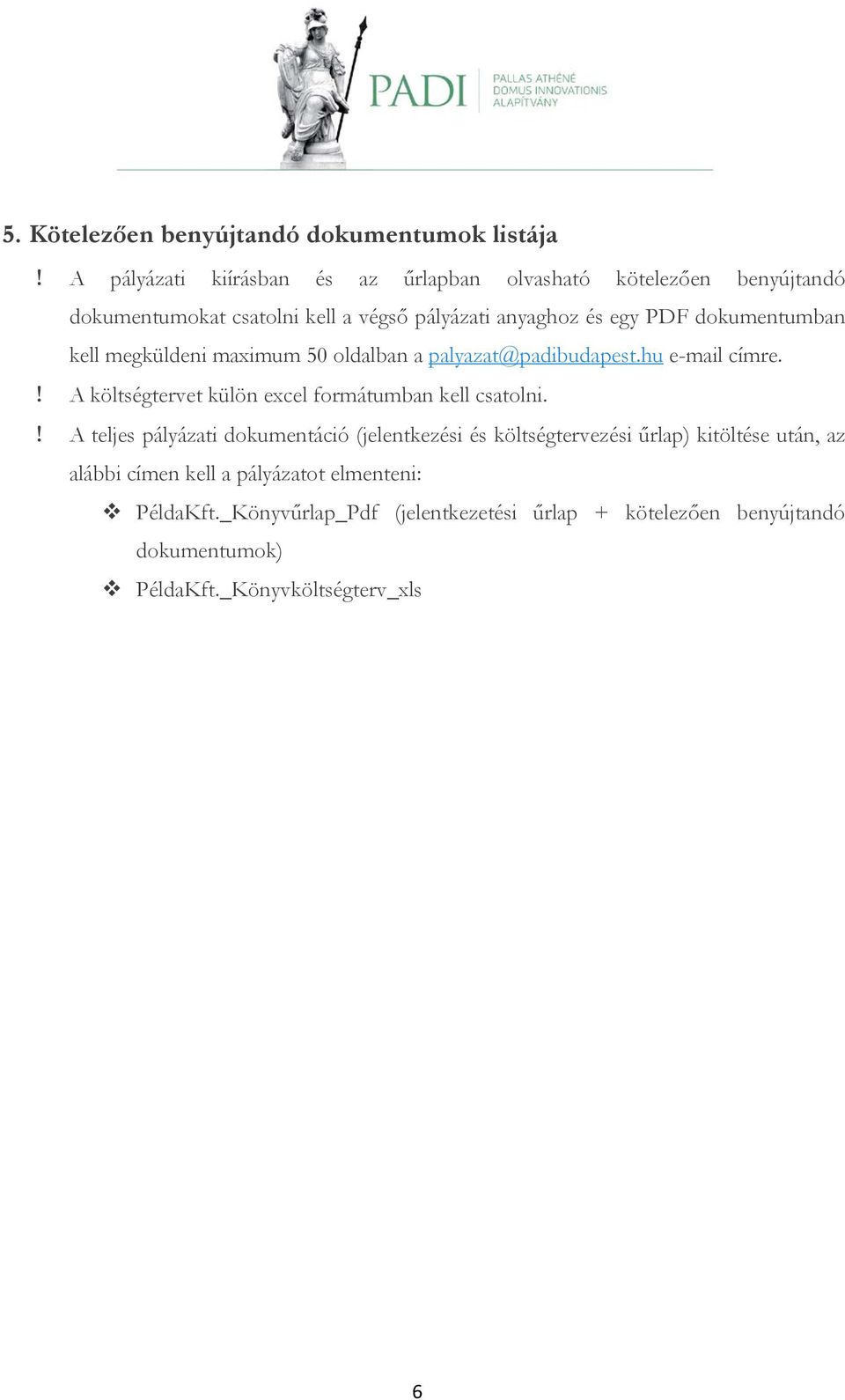 dokumentumban kell megküldeni maximum 50 oldalban a palyazat@padibudapest.hu e-mail címre.! A költségtervet külön excel formátumban kell csatolni.