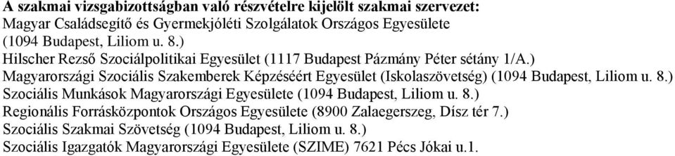 ) Magyarországi Szociális Szakemberek Képzéséért Egyesület (Iskolaszövetség) (1094 Budapest, Liliom u. 8.