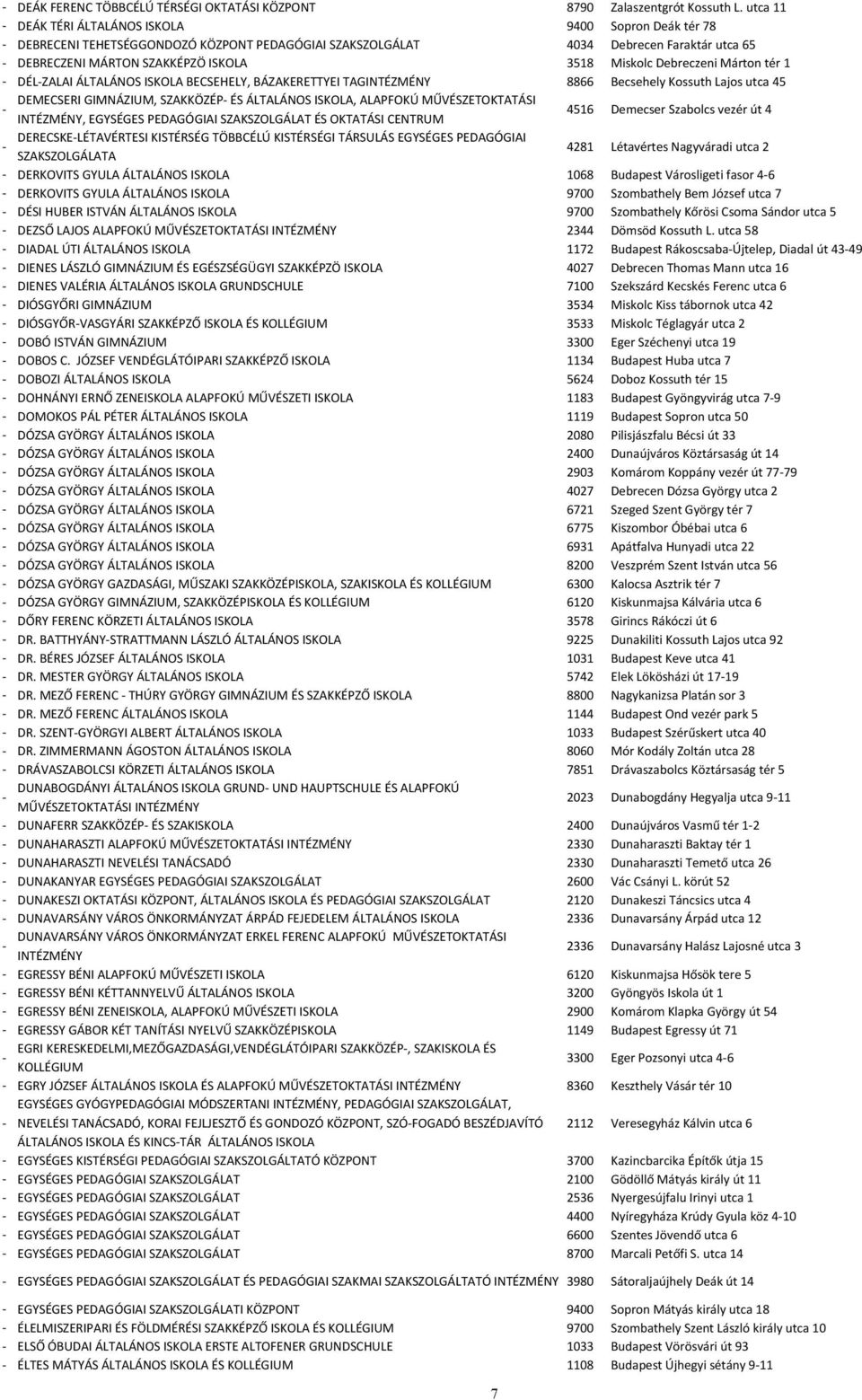 Debreczeni Márton tér 1 DÉLZALAI ÁLTALÁNOS ISKOLA BECSEHELY, BÁZAKERETTYEI TAG 8866 Becsehely Kossuth Lajos utca 45 DEMECSERI GIMNÁZIUM, SZAKKÖZÉP ÉS ÁLTALÁNOS ISKOLA, ALAPFOKÚ MŰVÉSZETOKTATÁSI,