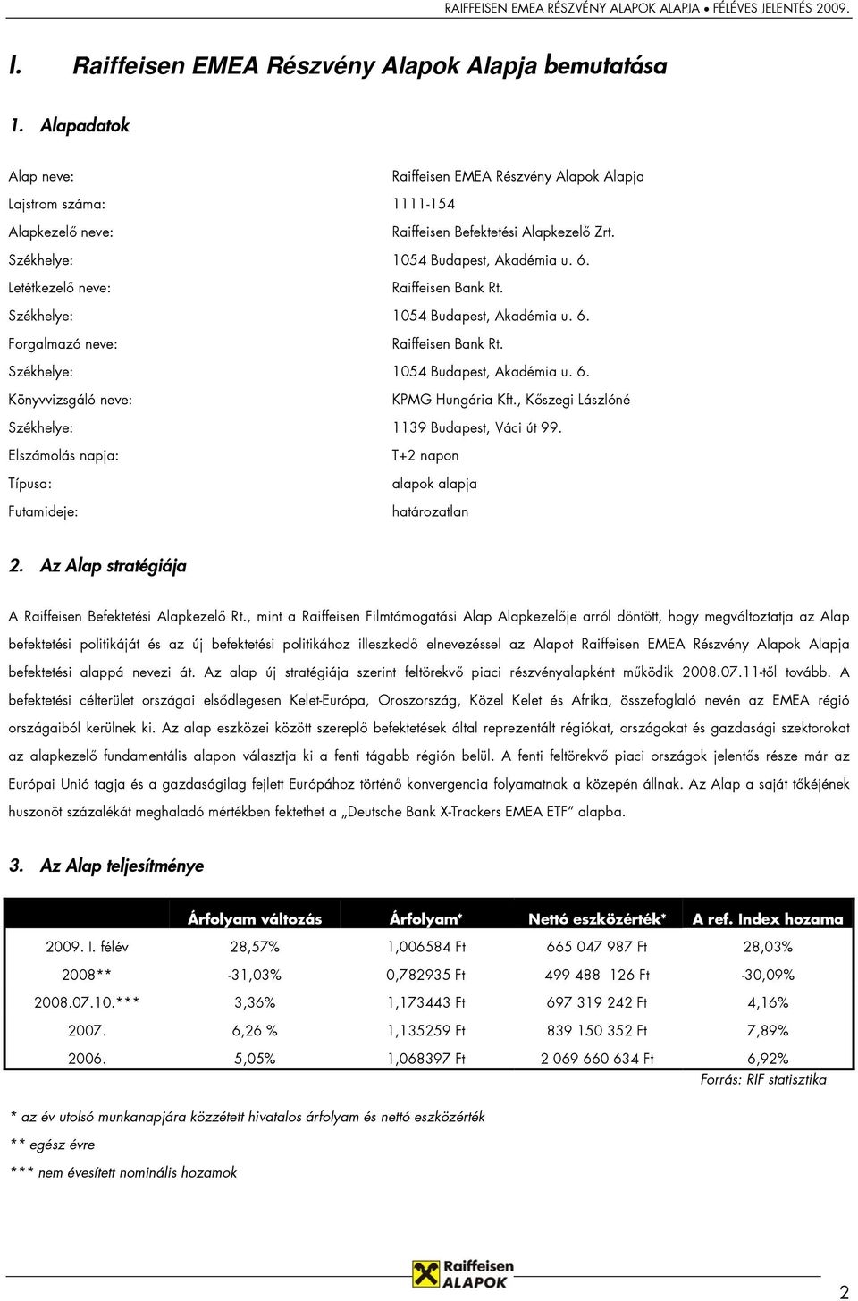 , Kőszegi Lászlóné Székhelye: 1139 Budapest, Váci út 99. Elszámolás napja: Típusa: Futamideje: T+2 napon alapok alapja határozatlan 2. Az Alap stratégiája A Raiffeisen Befektetési Alapkezelő Rt.