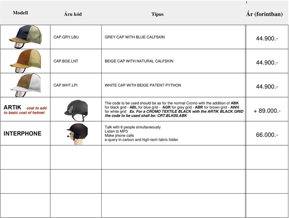 - ARTIK cost to add to basic cost of helmet The code to be used should be as for the normal Cromo with the addition of ABK for black grid - ABL for blue grid - AGR
