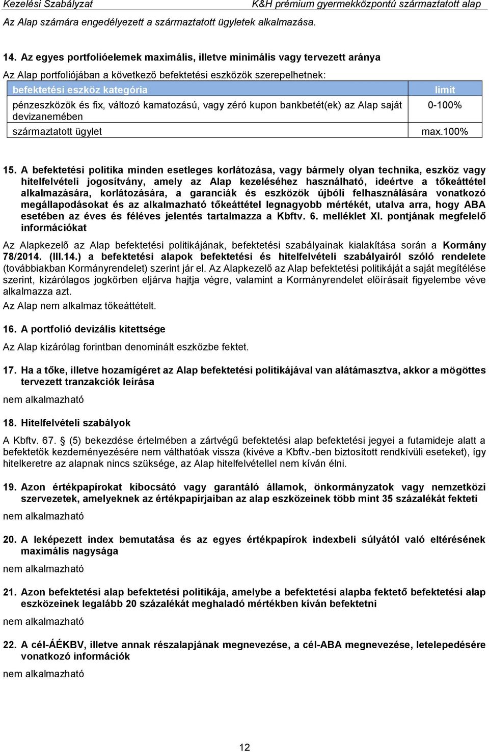 változó kamatozású, vagy zéró kupon bankbetét(ek) az Alap saját devizanemében származtatott ügylet limit 0-100% max.100% 15.
