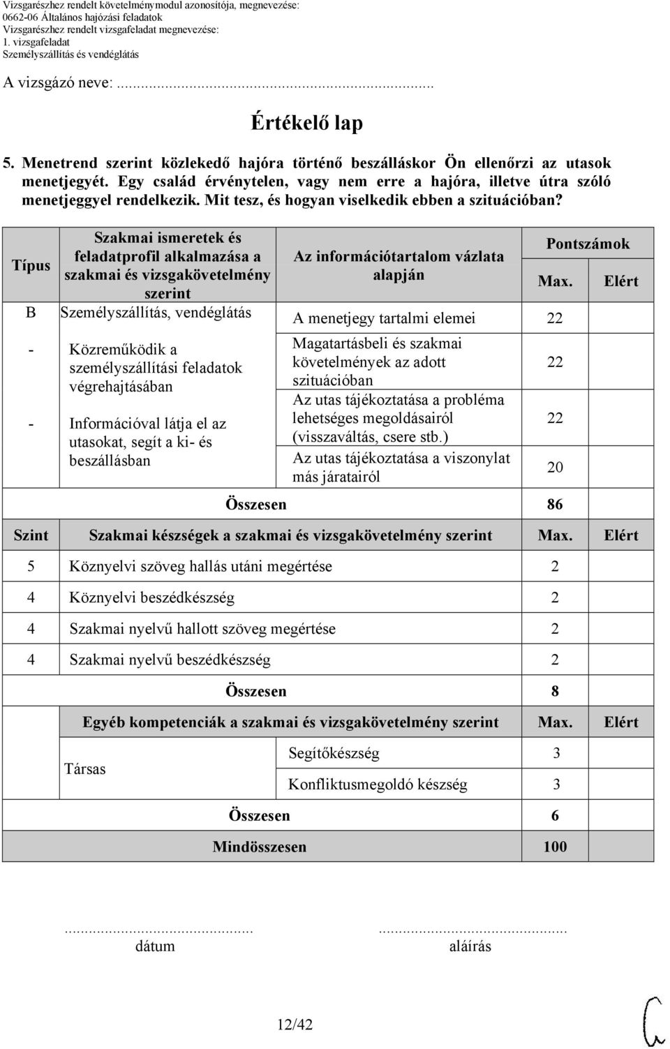 Típus B Szakmai ismeretek és feladatprofil alkalmazása a szakmai és vizsgakövetelmény szerint Személyszállítás, vendéglátás Közreműködik a személyszállítási feladatok végrehajtásában Információval