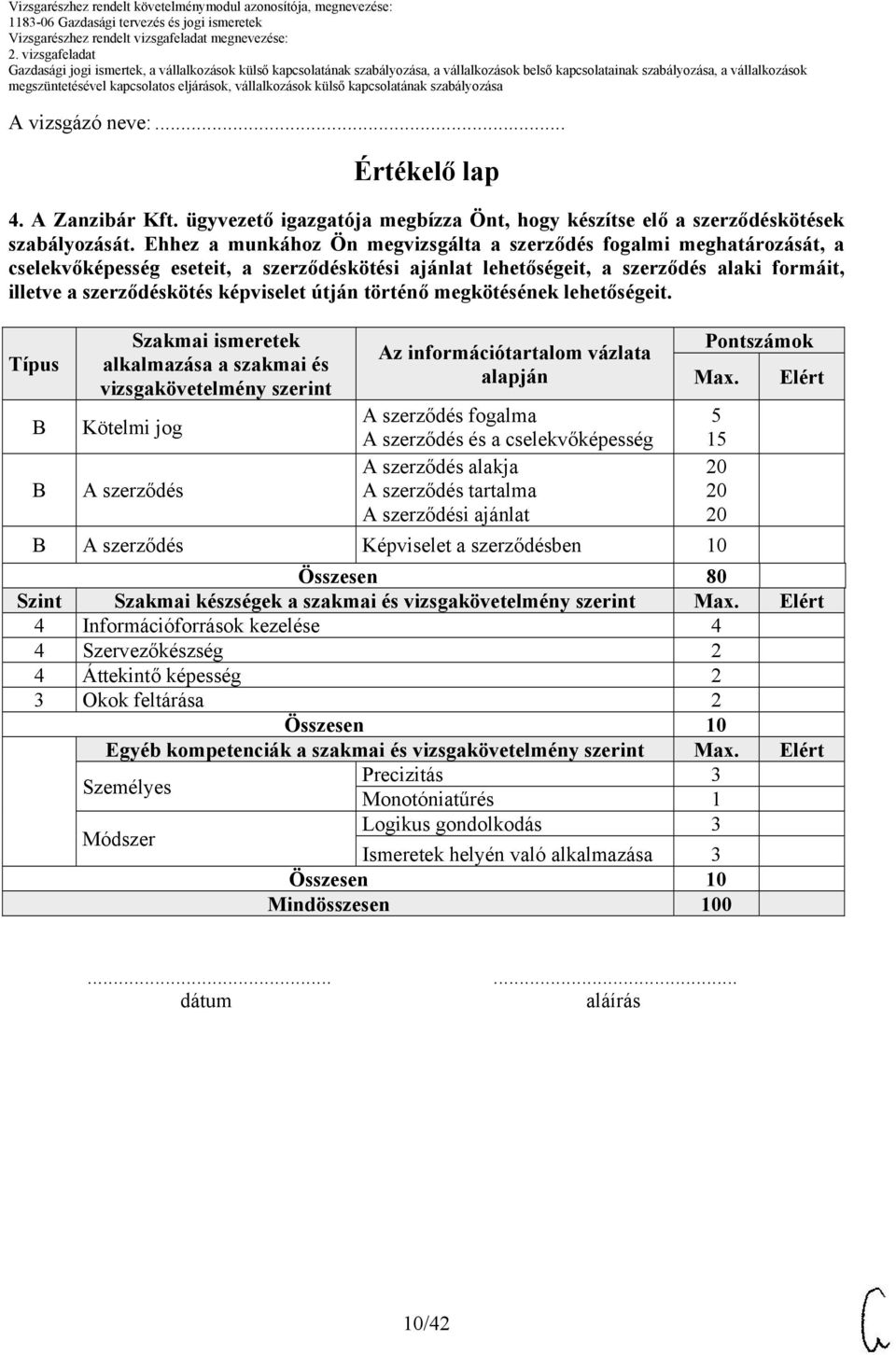 útján történő megkötésének lehetőségeit. Típus Szakmai ismeretek alkalmazása a szakmai és vizsgakövetelmény szerint Az információtartalom vázlata alapján Pontszámok Max.