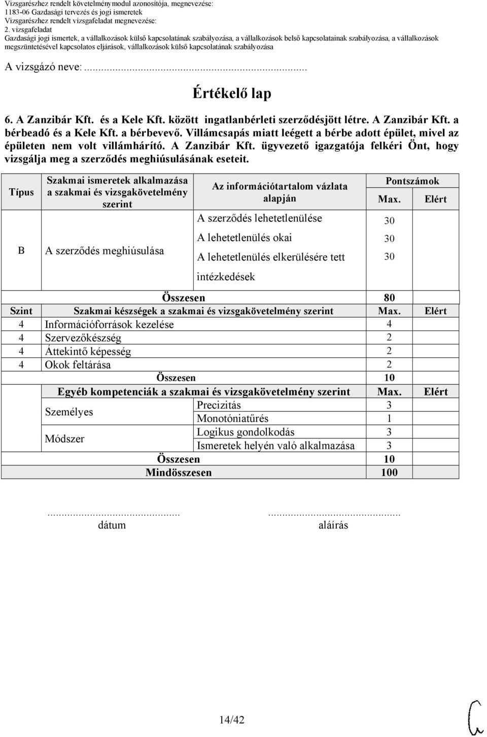 Típus Szakmai ismeretek alkalmazása a szakmai és vizsgakövetelmény szerint A szerződés meghiúsulása Az információtartalom vázlata alapján A szerződés lehetetlenülése A lehetetlenülés okai A
