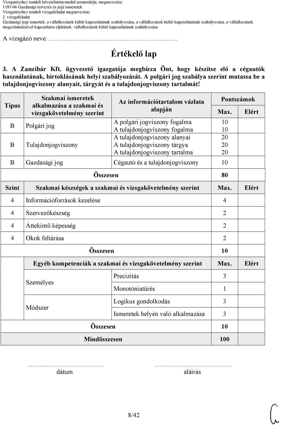 Típus Szakmai ismeretek Az információtartalom vázlata Pontszámok alkalmazása a szakmai és alapján vizsgakövetelmény szerint Max.