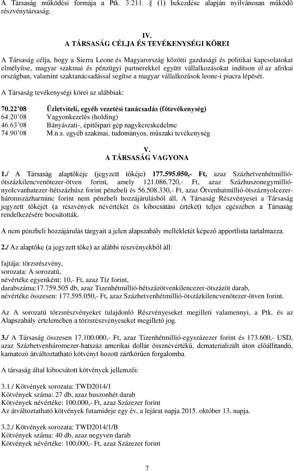 vállalkozásokat indítson el az afrikai országban, valamint szaktanácsadással segítse a magyar vállalkozások leone-i piacra lépését. A Társaság tevékenységi körei az alábbiak: 70.