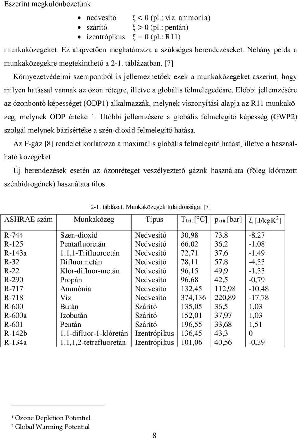 [7] Környezetvédelmi szempontból is jellemezhetőek ezek a munkaközegeket aszerint, hogy milyen hatással vannak az ózon rétegre, illetve a globális felmelegedésre.